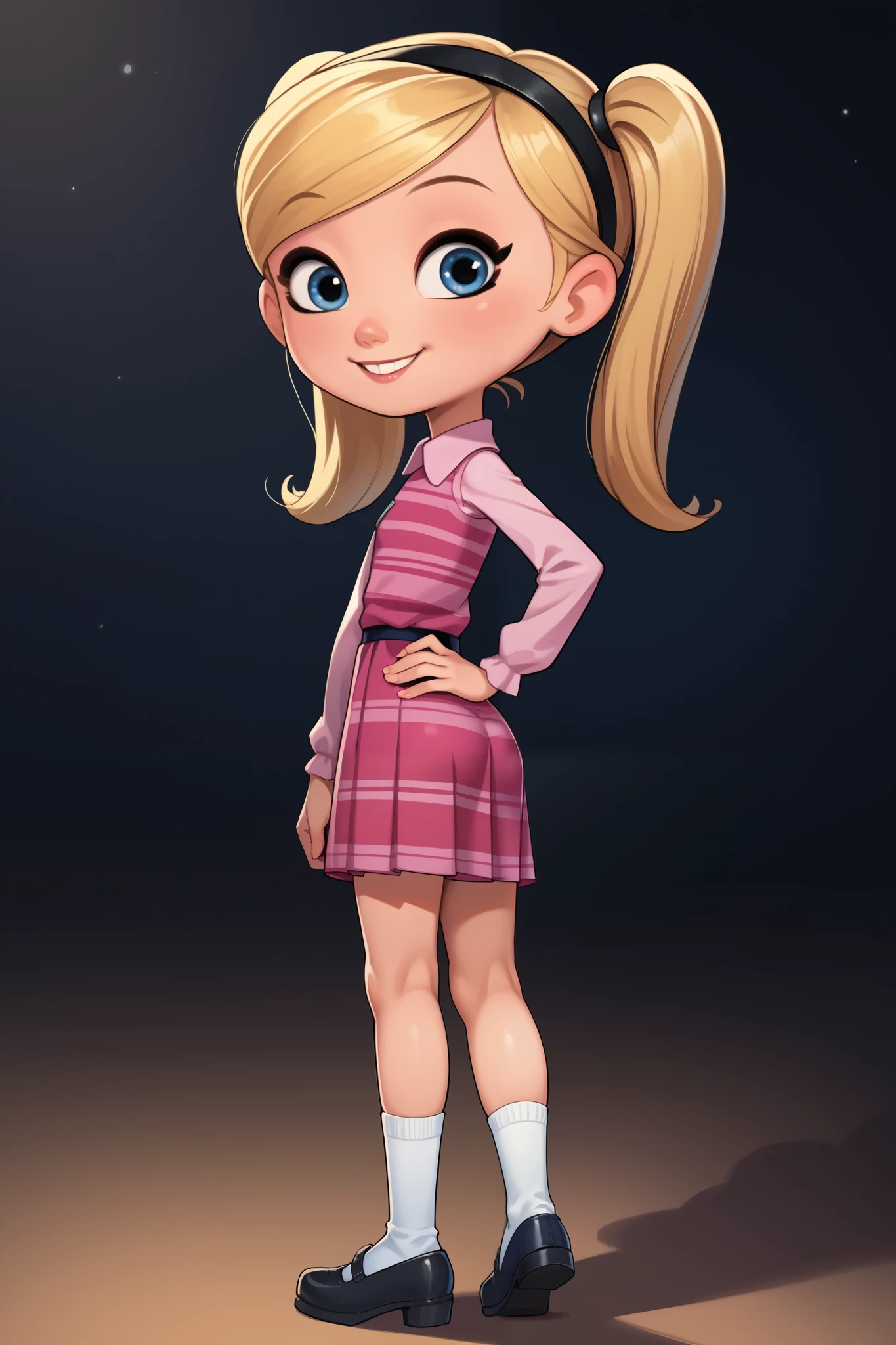 score_9, score_8_up, score_7_up, source_anime, 1girl, solo, full body, penny peterson, twin-tails, pigtails hairstyle, blue eyes, 2d, blonde hair, skirt, pleated skirt,, white socks, dress, pink dress, long sleeves, ,Mary Janes, ,cute smile, ,backside , cute butt, bubble butt , in bedroom, hand on hip,