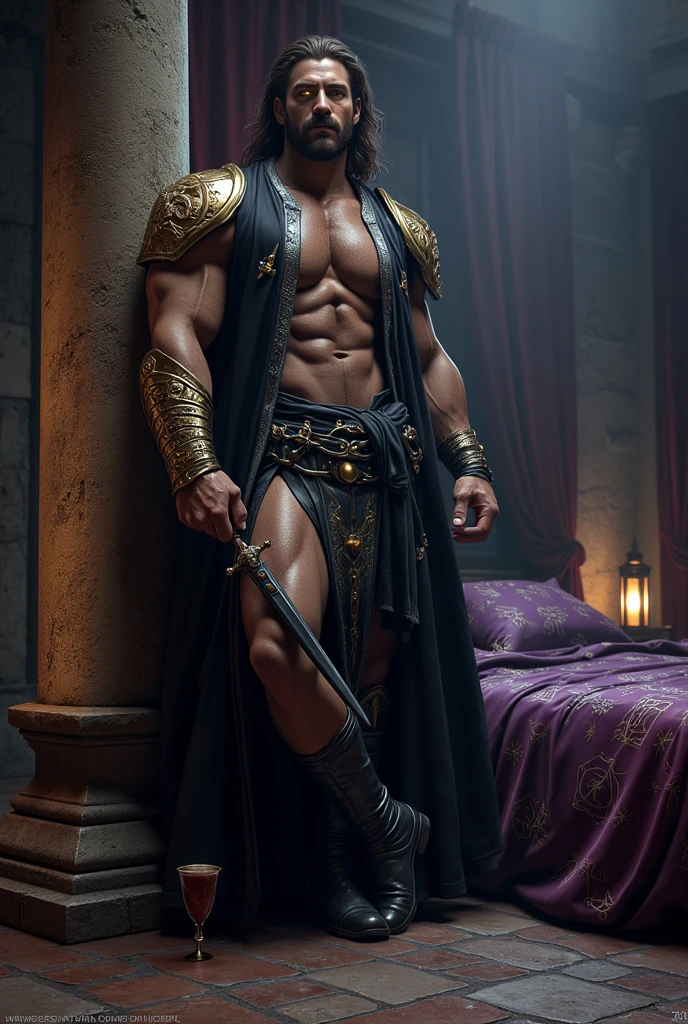In the background, above, near the ceiling at a very far distance from the man, there is a real giant spider resting in its web looking at the man, one person, 1 man, photorealistic portrait of a character including a full body image, physique huge and muscular, handsome, very tall, bald, shaves his head, American. pale skin, white skin, distant shot, naked man dressed in Arabian Nights costume, huge thighs, muscular chest and shoulders, elaborate kimono style skirt, blue red gold swimsuits, magical symbol woven with gold thread on His clothes, action hero, intricate and detailed drawing. In the background, above, near the ceiling at a very far distance from the man, there is a real giant spider resting in its web looking at the man, the setting is gloomy and castle-like.