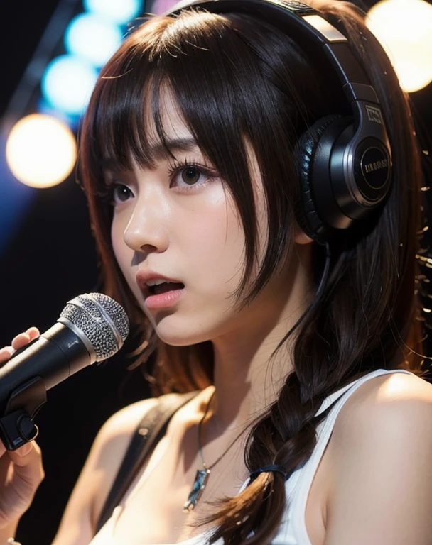 ((highest quality)), ((masterpiece)), (be familiar with), perfect face，Singer girl with headphones in front of a studio microphone, waist shot, Angle looking up diagonally, looking at the camera, the first take, Created at Anime Artist Studio, girl in studio, Lofty Girl, lain iwakura, vocalist, portrait of lofi, promotional artwork