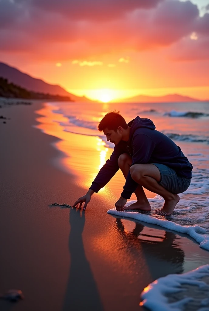 Holocene period, primitive man
Neanderthal
naked on a remote beach  at sunset with many oysters, Seashells, fish bones and on the ground , catando Seashells na areia, dead fish on the sand, pilhas de Seashells perto