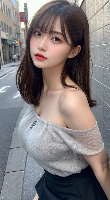 Curled bob cut, platinum hair woman in orange collared shirt posing to take photo in city, 8K artgerm Bokeh, well-proportioned body, beautiful korean woman, gorgeous necklace, beautiful young korean woman, soft portrait shot 8 K, korean girl, double and narrow eyes, beautiful gray eyes, Los Tran 8 K, Cute young woman, Korean woman, beautiful blonde girl, upper body, big breasts