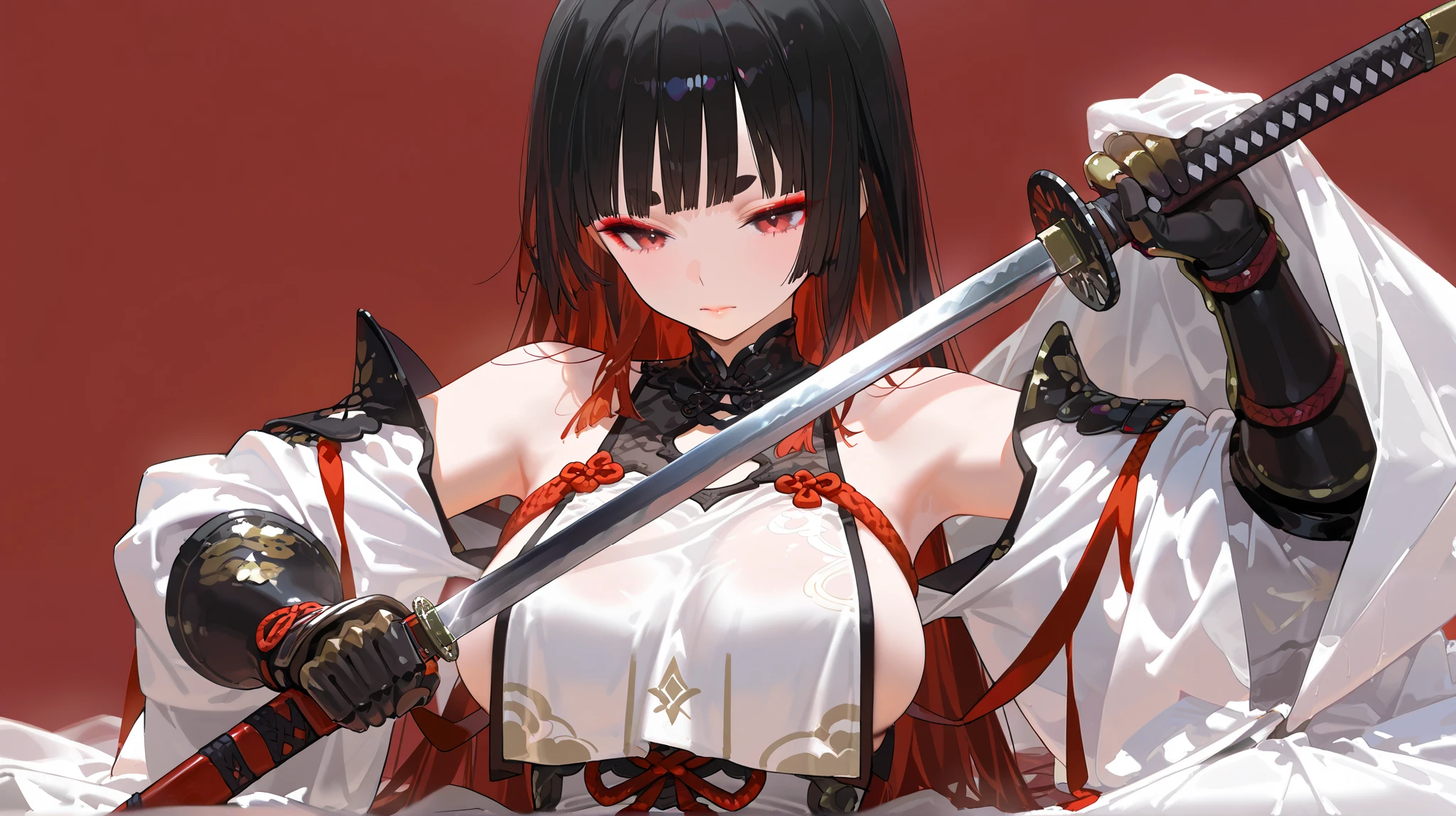 masterpiece, best quality, great quality, very beautiful, latest, Alone, 1 girl, upper body, multicolored hair, black hair, red hair, long hair, Blunt Bang, red eyes, Short eyebrows, Tai Eyebrows, Closed Mouth, makeup, red eyeshadow, big breasts, Chest, bare shoulder, chest curtain, red ribbon, black gloves, gauntlet, viewers sitting and cumming, holding a sword, Katana, Retaining Sheet, Drawing Sword, unsheathing, simple background, red background , high resolution, Absard Dress