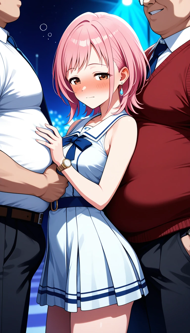 score_9, score_8_up, source_anime, 1girl, large breasts, ikuchan, (pink hair), ((bimbo)), (bimbo hair), cheap hotel room, love hotel, nude, indoors, wide hips, pussy, (detailed and thick pink pubic hair), pink hair, disheveled, girl is , sweat, slender waist, wide hips, big ass, discarded school skirt, school shirt, dark room, standing, voluptuous, (pussy juice), uncensored, detailed pussy, ((pink pubic hair)), big ass, (hairy pussy), (dumb bimbo girl), dumb girl, ditzy girl, confused girl, (girl is too stupid to realize she will get fucked), dumb face, (droopy eyes), (airhead), ((question mark)), ditzy facial expression, trio, (2 fat balding middle-aged men), girl is being groped, (2 fat men being in the frame), girl groped by 2 fat bald nude old and ugly men, breast grab by man, (pussy is fingered by man),