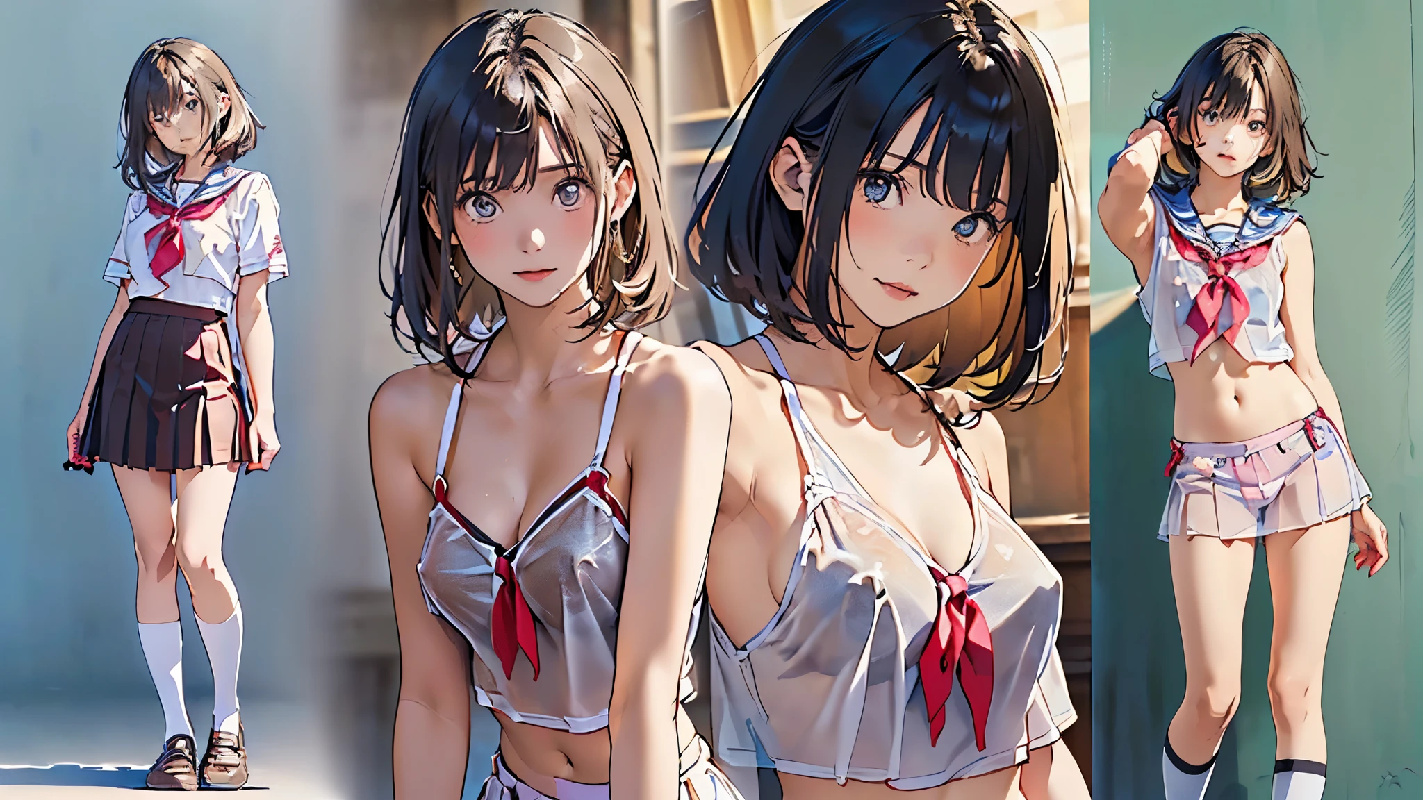 (highest quality, masterpiece, High resolution)、(anime art)、 (reality)、beautiful japanese woman、(two women)、18-year-old、(put your hands on your hips)、(Detailed depiction of a beautiful face)、smile gently、small breasts、slim body shape、medium short hair、semi-long、bun hair、Wet see-through bikini、(A pareo skirt with bold ethnic patterns and plenty of primary colors)、realistic skin、Wet、full body、No zoom、No close-ups、cinematic light、shadow、((blank background))、((white background))、