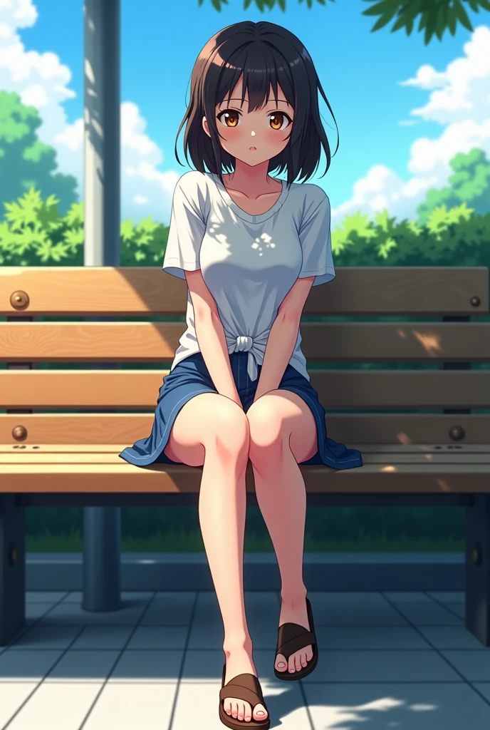 (1) A woman is rolling up her skirt by herself.
(2) Her pink panties are peeking out from her rolled up skirt..
(3) she has short black hair.
(4) She is wearing a white turtle knit and long boots.
(5) The place is an amusement park.