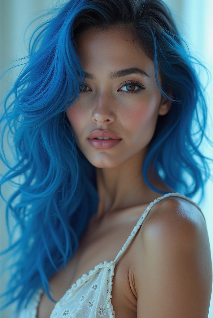 Latina 15 years old blue hair robust white clothes with collar at home photographic image
