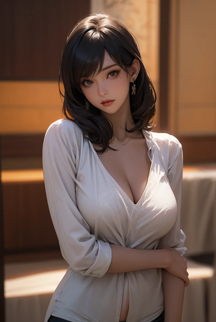 A beautiful girl with messy black hair in a bob cut, wearing a white t-shirt and loose black shorts, her pink bra visible underneath the t-shirt with cleavage, in a realistic living room background, (best quality,4k,8k,highres,masterpiece:1.2),ultra-detailed,(realistic,photorealistic,photo-realistic:1.37),detailed eyes,detailed lips,extremely detailed face,longeyelashes,1girl,oil painting,chiaroscuro lighting,warm color tones,detailed fabric textures