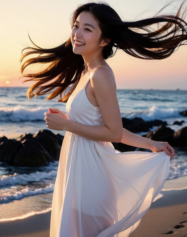 "Enchanting beauty in the sunset: Super masterpiece" Description: In this scene of the highest quality, Against the backdrop of a serene beach bathed in the warm shades of the setting sun, Beautiful young woman in white clothes stands as focus. adorns her lips with a seductive smile, Her hair dances freely in the breeze. While walking on the sandy beach, A feeling of tranquility and elegance fills the air, Create timeless and captivating masterpieces. This is the moment frozen in time, A harmonious blend of natural splendor and human elegance、Evokes a sense of deep awe and admiration.