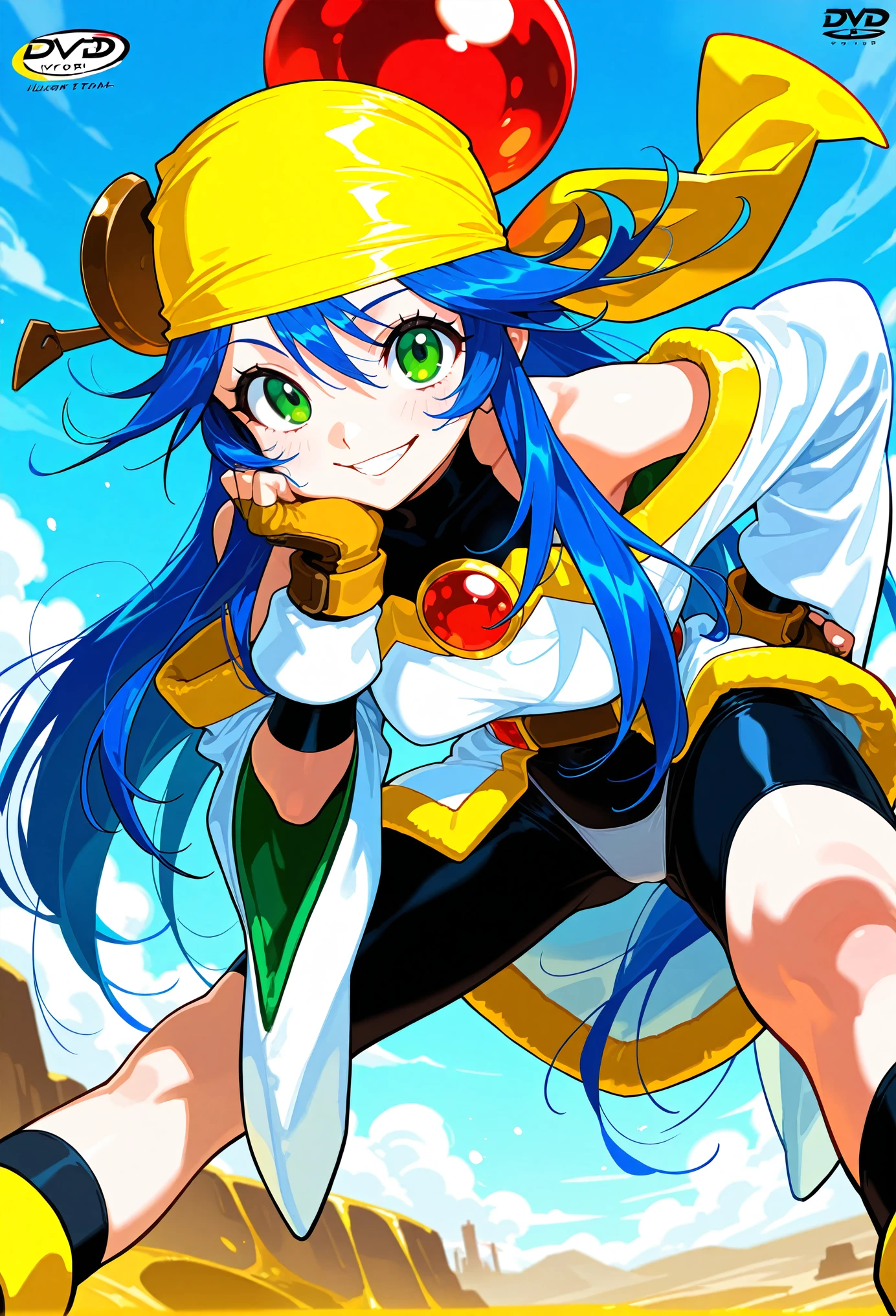 masterpiece, Best Quality, high quality DVD, anime, aEliMe, green eyes, blue hair, LONG SIDE LOCK, long hair on long hair, yellow bandana, hair bobble, bare shoulder, off shoulder shirt, white shirt, Long Sleeve, wide sleeve, black bodysuit, turtleneck bodysuit, bodysuit under clothes, fingerless gloves, Yellow gloves, belt, bike shorts, spandex, panties over bike shorts, black socks,
smile, in gold, align your legs, and place your fingers on your cheeks, lean forward, Hunchback, blue sky,