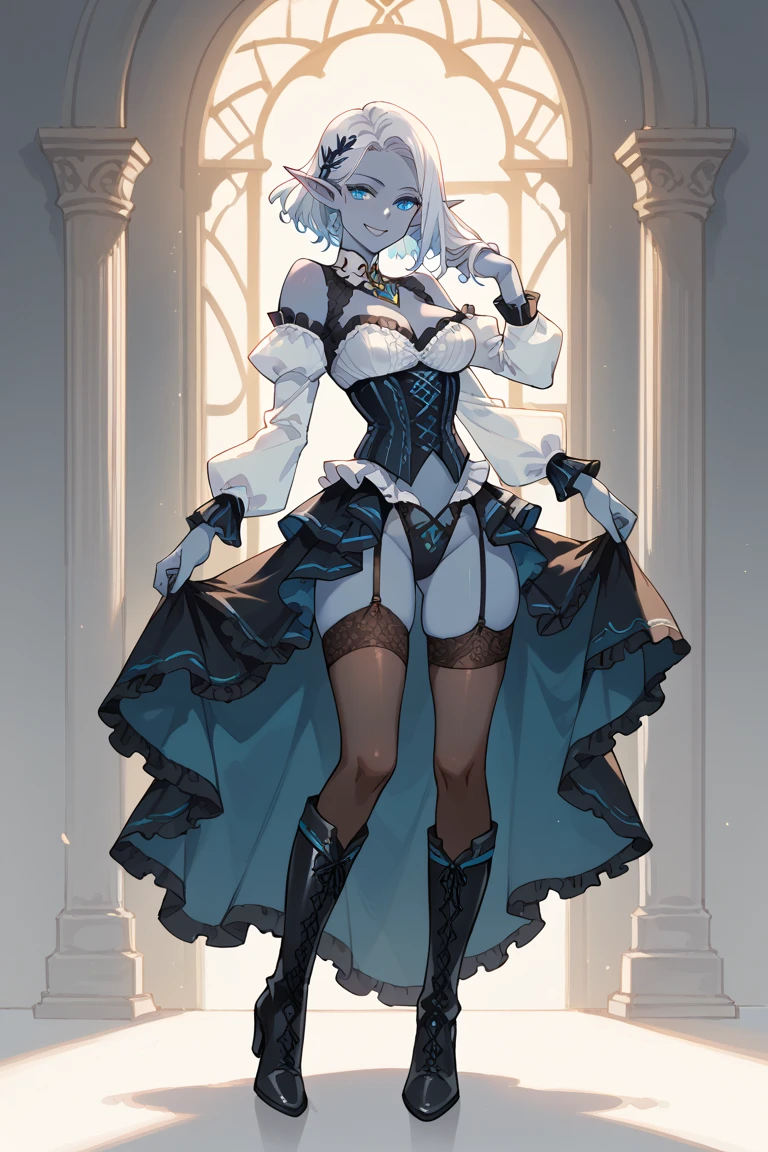 1 girl in, whole body, character design, (((light gray hair)), Super unique hairstyles, ((blue eyes)), (Ordering sauce), ((White hairpin)), (mole under the left eye), Long bangs, Eyes are hearts, Brainwashed, large full breasts, High quality, whore, Magic makeup, Sexy black Phantom Thief costume, black high heels, wide shot, Detailed information about the prison