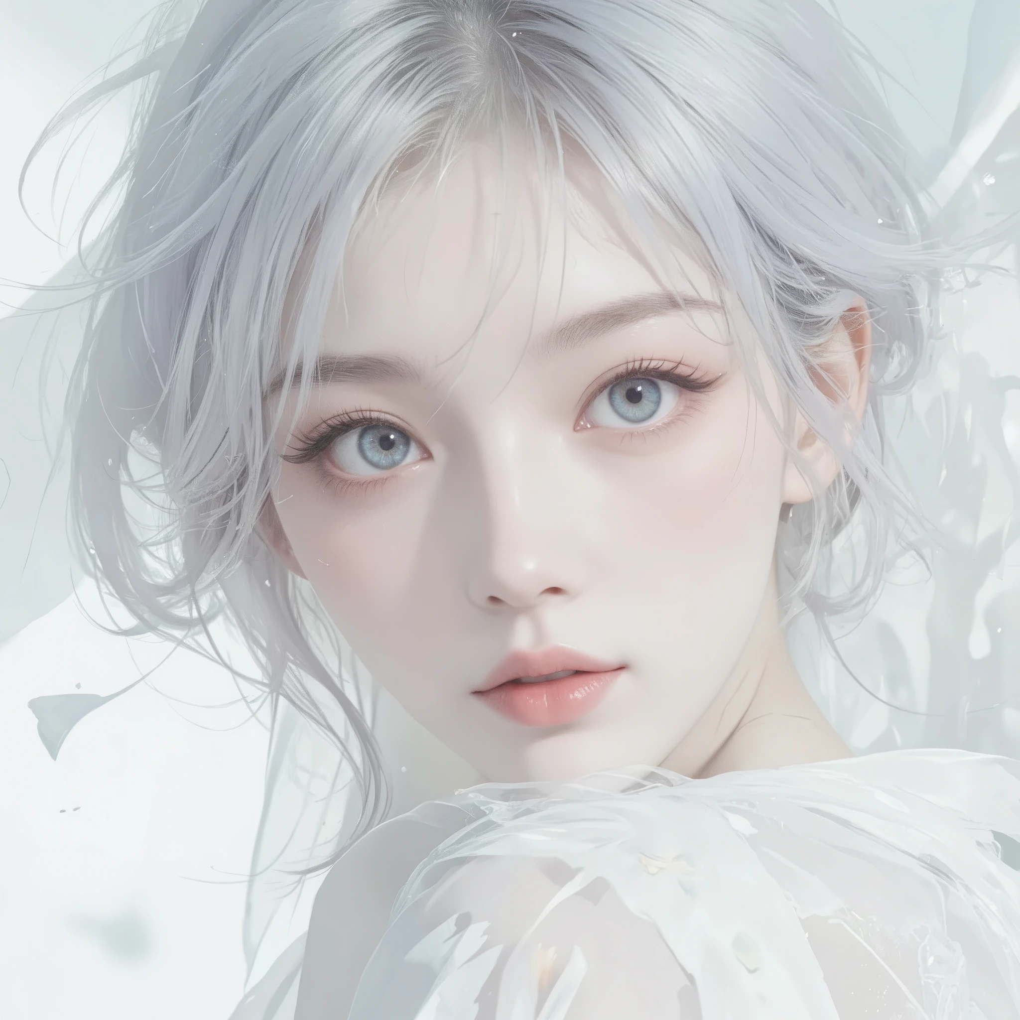 A surreal, ethereal portrait of a woman, taken in close-up, with a fascinatingly beautiful, almost angelic appearance, looking over her shoulder, her pale face seems to glow, smoothly merging with a pure white background, giving the impression that she arises from the light itself. The focus is on her very large piercing blue eyes, their crystal clarity and soft radiance, conveying a sense of unearthly wisdom and tranquility. Her long eyelashes look bold and spectacular, contrasting sharply with her porcelain skin, and attract the viewer's gaze to her irresistible gaze. She has graceful facial features with high cheekbones, a perfectly straight nose and soft, full lips that maintain a refined, neutral expression, emphasizing serenity and quiet strength. Her platinum-white hair gently flows upwards, emphasizing her divine appearance. Thin strands, light and silky, smoothly merge into a white background, creating an unreal, fabulously textured background, outlined with the thinnest lines, similar to threads, then to isobars, from different angles in tone and shade, The lighting is diffused and uniform, it erases shadows and creates a minimalistic aesthetic that fully emphasizes its striking The features seem to come from a grainy, incredibly pure and deep air, In general, the composition seems timeless, as if it reflects the essence of purity and perfection, with a soft, fabulous shade., which encourages introspection and reverence. The simplicity of the image enhances its mystery, creating a deep angelic presence that seems both familiar and otherworldly.Semi-realistic digital art, digital painting, fine detail in k64 format