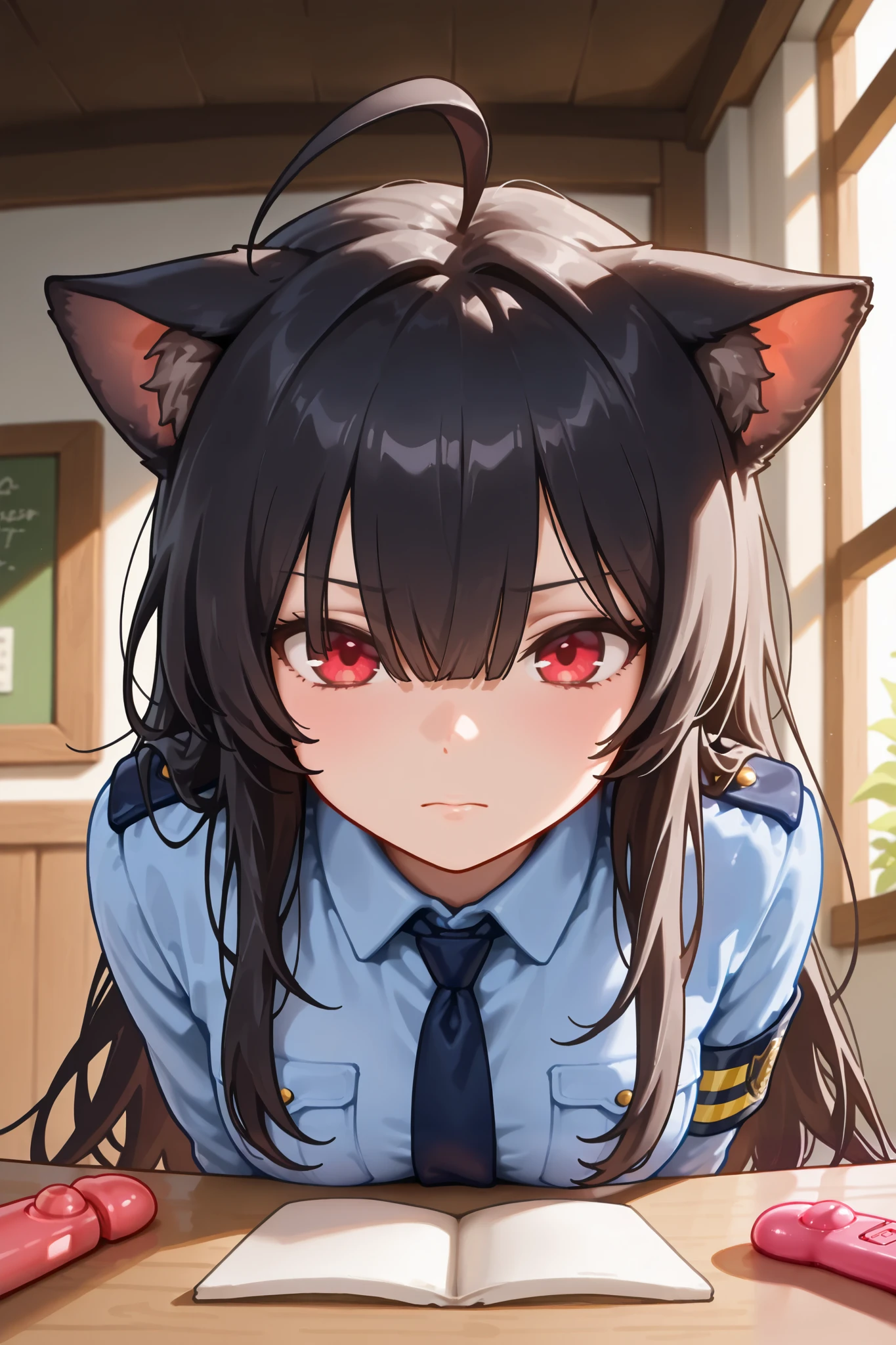 masterpiece, better quality, amazing quality, from behind or from the front a girl , junkotvvxl , red eyes, black hair, cat ears, blows, hair between eyes, long hair, , (Ahoge), straight bangs,, police uniform, panic, egg vibrator , line of motion, highres, absurdres