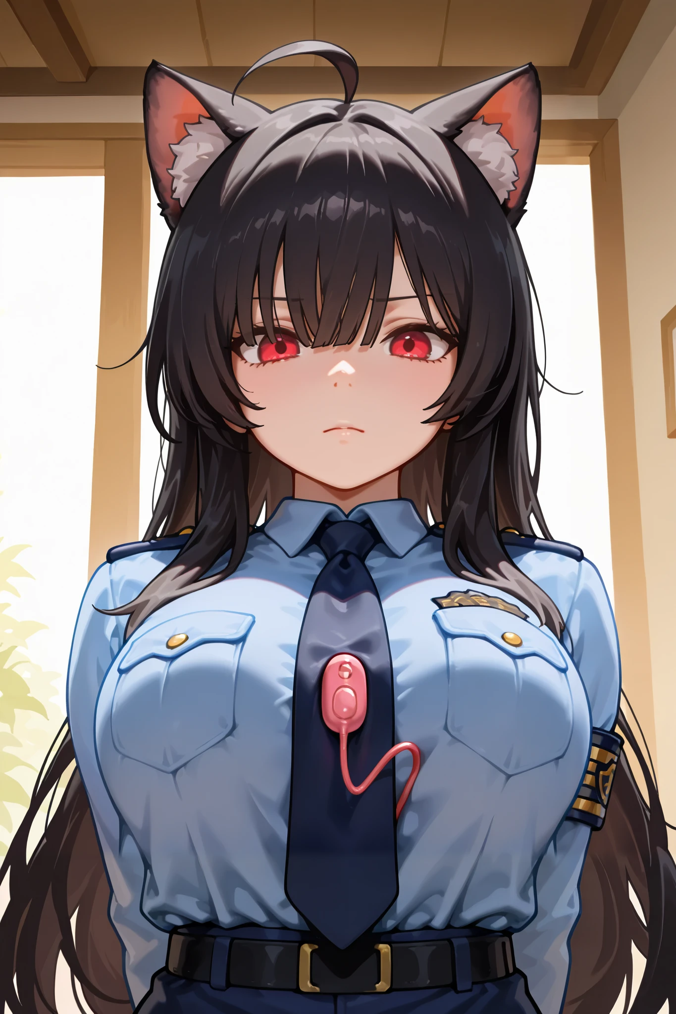 masterpiece, better quality, amazing quality, from behind or from the front a girl , junkotvvxl , red eyes, black hair, cat ears, blows, hair between eyes, long hair, , (Ahoge), straight bangs,, police uniform, panic, egg vibrator , line of motion, highres, absurdres