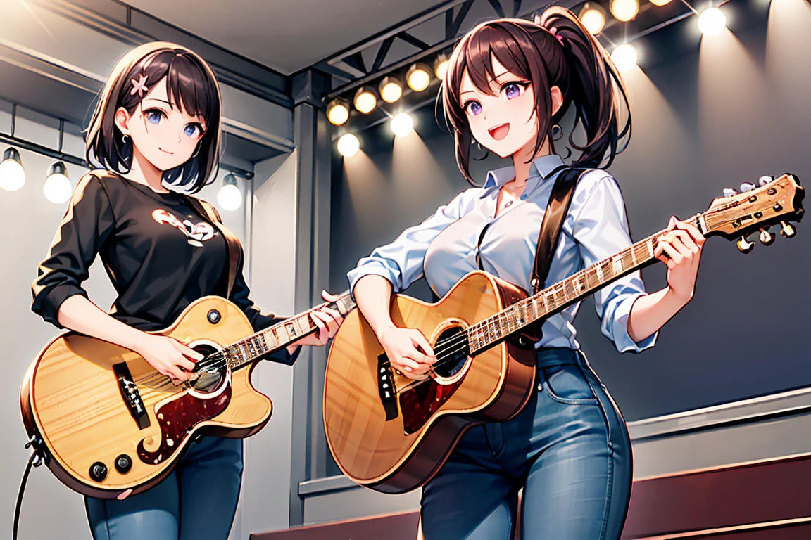 Upper body, two girls, in the bar, playing guitar, smiling happily