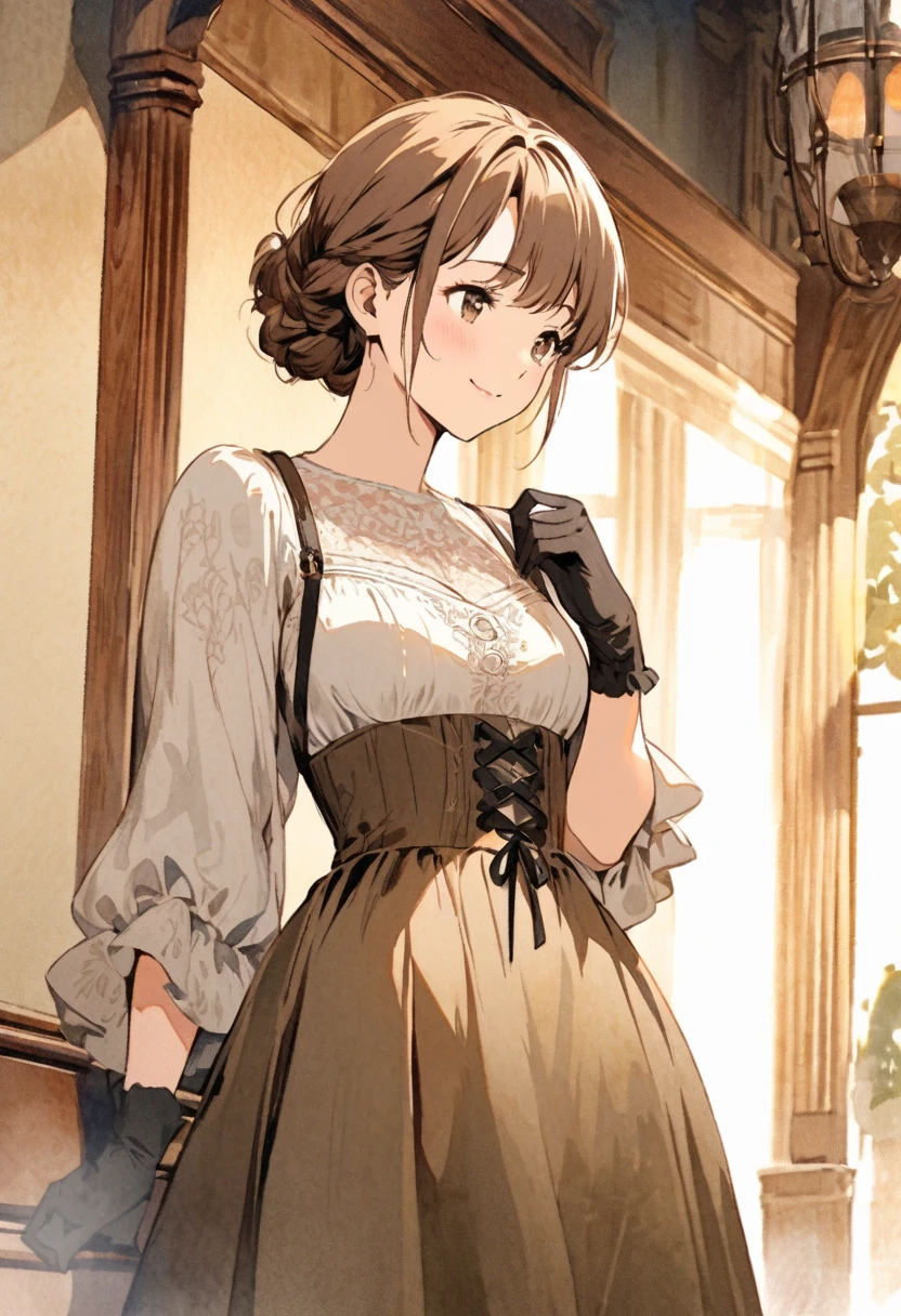 A small girl dressed in a low-cut reniassance dress with very prominent cleavage, leather corset, sly smirk, bare chest, tiny, reavealing, no panties, no bra