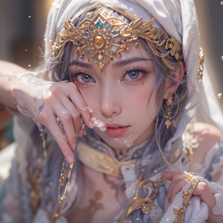 anime girl with long hair and a white turban sitting in a field of flowers, anime brunette, Portrait of Ororo Munroe, brunette anime manga girl, bohemia chic | | very lively!!!, guweiz style artwork, anime vibes, anime in fantasy style, black anime pupils in his eyes, official art, anime visual of a young woman, jisoo from blackpink, popular south korean makeup, quality detailed ,(beautiful makeup :1. big breasts, heavy breasts, defined waist