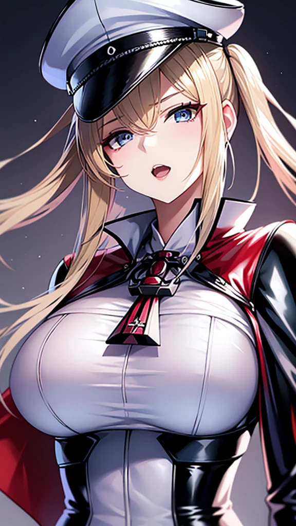 tall、 Kantai Collection　Graf、adult、Married Woman、Shiny latex police uniform、Officer hat、邪evilな警官、Pink and black background,  evil, lure, excited, A condescending grin, Lightly open your mouth、Sexy pose, Upper Body,