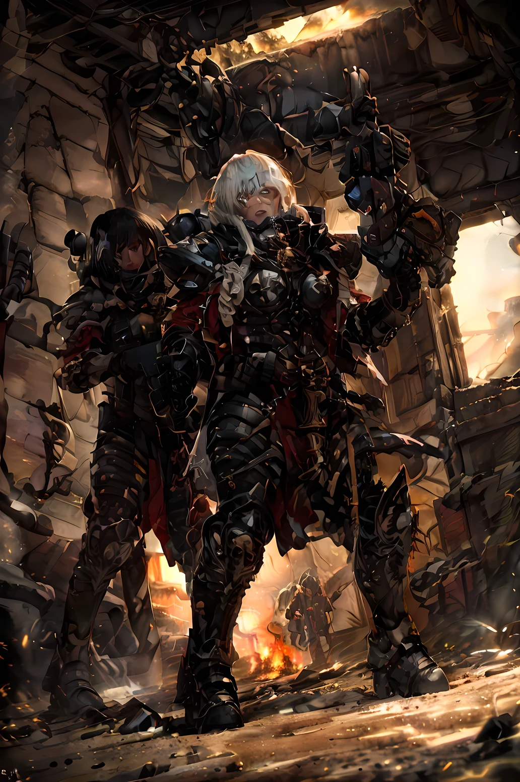 cinematic lighting, realistic textures, post-apocalyptic atmosphere, 4K, high detail, A heavily damaged humanoid war robot, abandoned on the battlefield. Its body is painted in sand colors but is scarred with bullet holes, scratches, and chipped paint, showing signs of intense combat. Smoke rises from the remains of gunfire, and dust swirls around, creating an atmosphere of destruction. The ground is covered in debris, with remnants of a fierce battle between giant robots