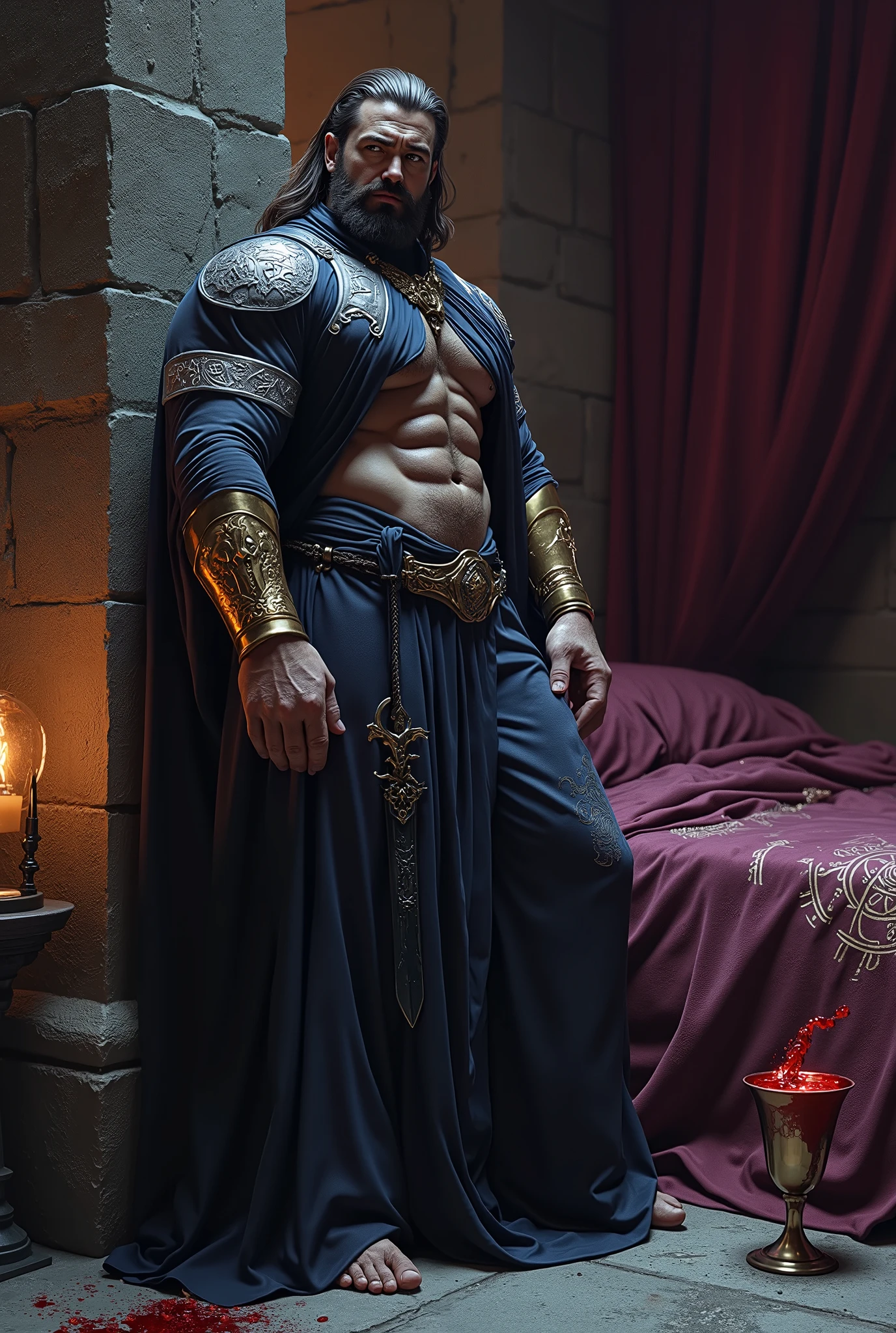 Masterpiece, Accurate, Award Winning, Best Quality, Extremely Detailed, 8K, HD, Super-Resolution, Realistic Textured Hair and Skin, Photorealistic. A towering warlock leans against a massive stone pillar, his impossibly broad frame shrouded in deep shadows, only the faint golden flicker of a lantern revealing glimpses of his godlike physique. The dim light catches the thick slabs of his pecs, each muscle casting deep valleys of shadow across his torso, the sharp lines of his abs carved like ancient script. His left arm, wrapped in a golden bracer etched with glowing sigils, rests against the pillar’s worn surface, while his right hand dangles a ceremonial dagger, its obsidian blade humming with residual power. A flowing midnight robe, embroidered with forbidden runes in silver thread, drapes loosely over one shoulder, cascading down his back, barely covering the heavy swell of his glutes. The sash around his waist sits dangerously low, cinching just below his deep-cut v-line, the thin fabric failing to conceal the massive outline beneath. His thick, wavy hair is swept back, revealing a face both regal and primal—razor-sharp cheekbones, a strong, angular jaw, and lips full yet unsmiling, framed by a neatly groomed beard. His eyes, iridescent and reflective like molten gold, burn from beneath heavy brows, catching the flicker of the nearby lantern. His colossal legs, wrapped in tight, enchanted leather, flex subtly, his stance wide and commanding. Black, knee-high boots, adorned with sigil-carved buckles, anchor him to the cold stone floor. Behind him, a heavy velvet curtain barely conceals a sprawling bed covered in silken sheets, embroidered with symbols that pulse faintly in the darkness. A half-emptied goblet of deep crimson liquid rests on a nearby pedestal, its contents thick and ancient, the air still heavy with the aftermath of a spell unfinished.