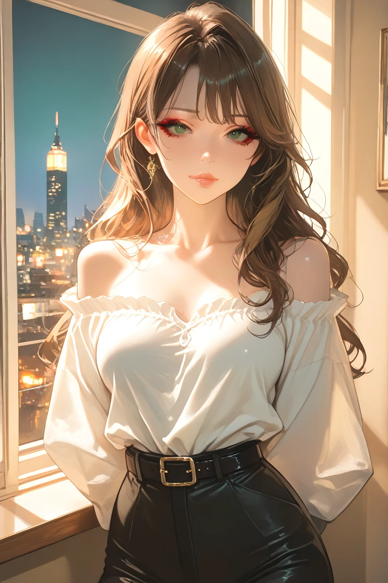 (masterpiece:1.3, Highest quality, Ultra-high resolution, Super detailed), (Realistic, photoRealistic:1.4)(Highest quality, masterpiece:1.2), Perfect lighting, colorful, Written boundary depth,
View your audience, (Face Focus, ), 1 Girl, alone, Beauty Witch,30 years old, Sculpture model, (Large Breasts:1.5, Big Ass, Captivating thighs, Skin dents),
(Mid-length hair:1.2, Half Up:1.2, Light brown hair), bangs, braided bangs, (Golden Eyes), Droopy eyes, Lips parted, Shiny skin,
Beautiful Hair, Beautiful Face, Highly detailed face, Beautiful details, Beautiful clavicle, Beautiful body, Beautiful breasts, Beautiful thighs, Beautiful legs, Beautiful fingers,
(Detailed cloth texture, (Long sleeve frilled off-shoulder shirt that shows off your belly button, Detailed white low rise panties, )), garnet necklace,
(Beautiful views), night, (shoulder strap, Modern), (Captivating smile),