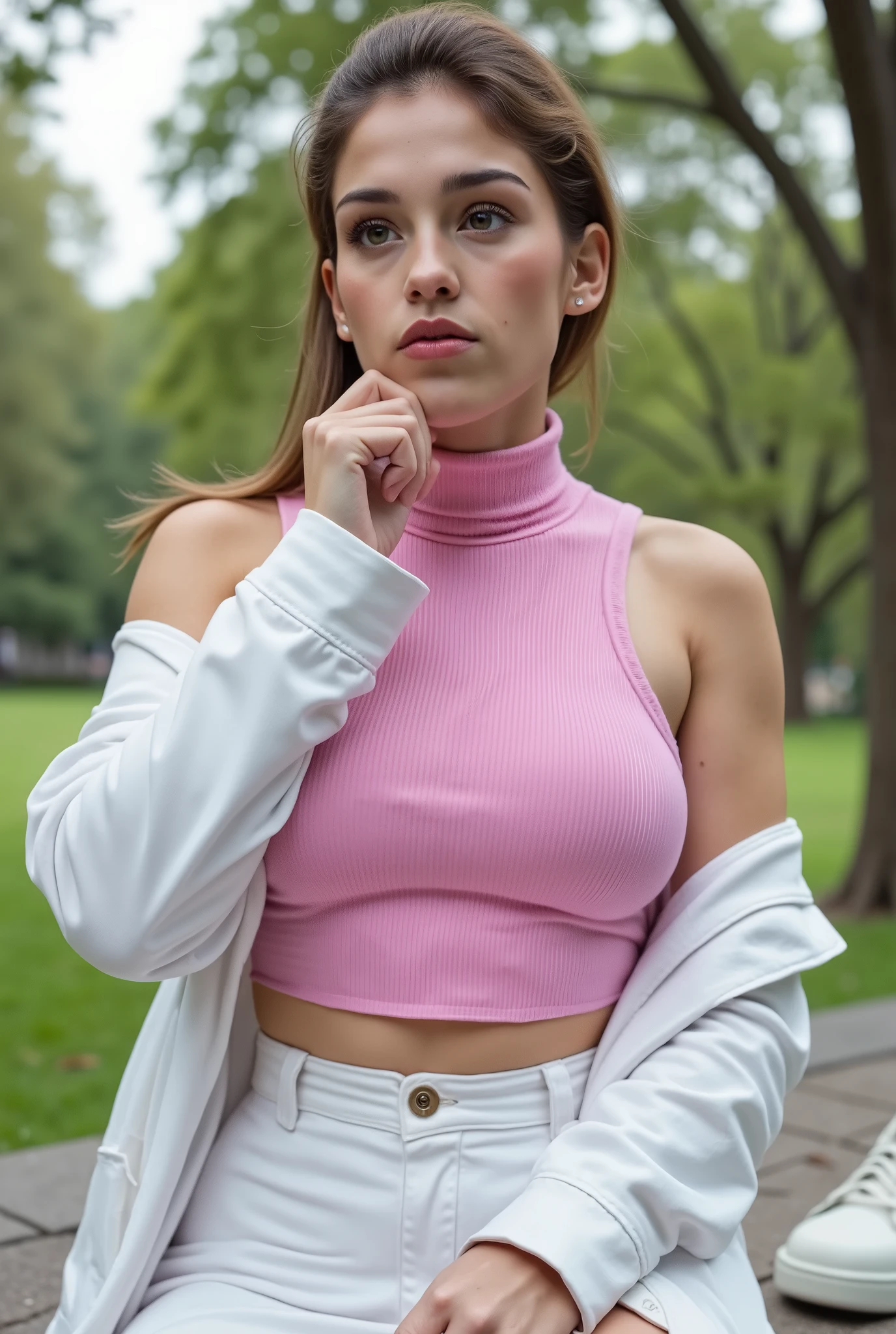 Front view, She is 18 years old and slender with white skin and brown hair and brown eyes. Hair pig tailed, (Natural breast:1.0), pink turtle neck tanktop knit, with white denim jacket, with a white skirt (hand on chin:1.0) sitting at city park, city park, white shoes, slim body, sexy body, sensuality, adorable (perfect anatomy:1.5), perfect body, perfect face, beauty face, 4k, HD, photography