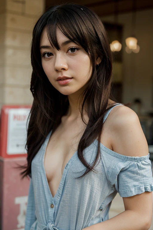 dark brown hair、light brown eyes、Japanese actress face、 lady, I am about 20 years old.、(intricate details:1.2)、(which one is the top?:1.4)、 (ultra high resolution:1.2)、ultra high resolution、(finely tuned)、(detailed facial features)、8K resolution、cleavage, long curly hair、Starry Sky Window、luxurious space、relax、full body photo、head to toe shot、beautiful feet, wearing a uniform、uniform, tight t-shirt, blue colour cloth, beautiful feet、outdoor、she, extreme details, very detailed, realistic, diagonally from below、raise your chin、Relaxed expression (auraroid photo:1.2)、8K、32k、highest quality、(Details of both eyes)、elegant、stand up、random pose、(high - Angle、I look down and see this:1.2)、look at the camera、smile、