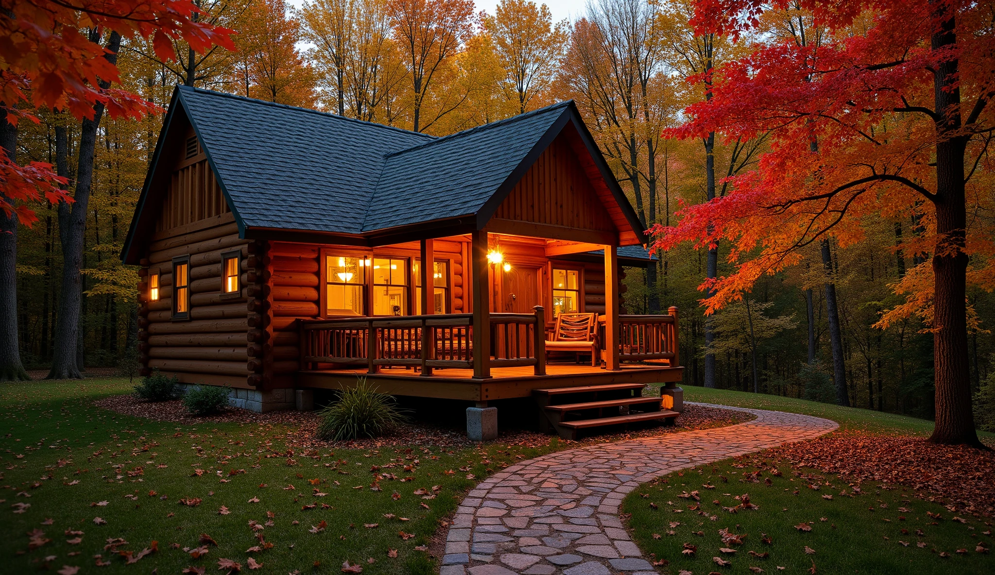 log cabin, adorned with strings of warm fairy lights, sits nestled in a vibrant autumn forest just as dusk begins to settle. The leaves overhead are a brilliant mix of scarlet, gold, and emerald green. A winding stone path leads up to the cabin's front porch, where a comfortable wooden bench and a stack of chopped firewood are visible. The warm light from multiple windows suggests activity inside, and the sound of a distant owl hooting adds to the enchanting atmosphere of the secluded woodland retreat.