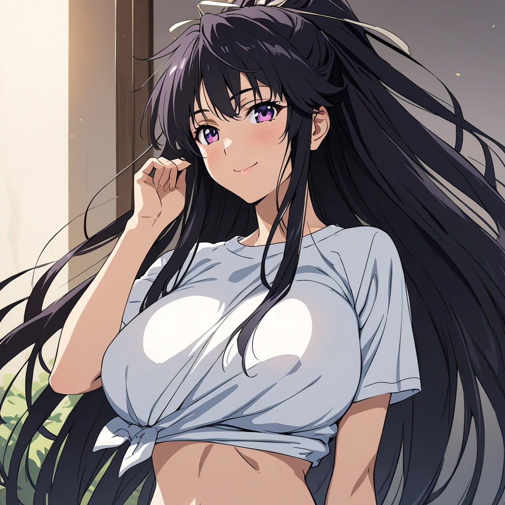 masterpiece, best quality, ultra detailed, highres, extremely detailed CG unity 8k wallpaper, perfect lighting, very detailed background, Outdoor、beautiful and aesthetic,sharp focus, perfect face, Perfect hands、Perfect Fingers、Perfect toes、Five fingers、
look down、Upper Body、Fair skin、Blushing、Blunt bangs、(Hide your arms behind your body:1.2)、(twinkle(in the eyes):1.2)、Pull up your skirt、Staring at the audience、black_hair, long_hair, purple_eyes, blush, bangs, closed_mouth, serafuku, blurry、kousaka reina、birthday、Birthday Party、(Large Breasts)、Underboob、belly button、Cleavage