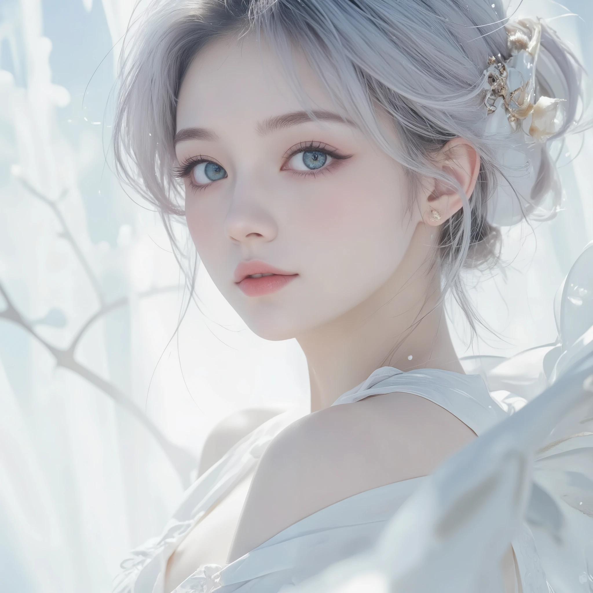 A surreal, ethereal portrait of a woman, taken in close-up, with a fascinatingly beautiful, almost angelic appearance, looking over her shoulder, her pale face seems to glow, smoothly merging with a pure white background, giving the impression that she arises from the light itself. The focus is on her very large piercing blue eyes, their crystal clarity and soft radiance, conveying a sense of unearthly wisdom and tranquility. Her long eyelashes look bold and spectacular, contrasting sharply with her porcelain skin, and attract the viewer's gaze to her irresistible gaze. She has graceful facial features with high cheekbones, a perfectly straight nose and soft, full lips that maintain a refined, neutral expression, emphasizing serenity and quiet strength. Her platinum-white hair gently flows upwards, emphasizing her divine appearance. Thin strands, light and silky, smoothly merge into a white background, creating an unreal, fabulously textured background, outlined with the thinnest lines, similar to threads, then to isobars, from different angles in tone and shade, The lighting is diffused and uniform, it erases shadows and creates a minimalistic aesthetic that fully emphasizes its striking The features seem to come from a grainy, incredibly pure and deep air, In general, the composition seems timeless, as if it reflects the essence of purity and perfection, with a soft, fabulous shade., which encourages introspection and reverence. The simplicity of the image enhances its mystery, creating a deep angelic presence that seems both familiar and otherworldly.Semi-realistic digital art, digital painting, fine detail in k64 format
