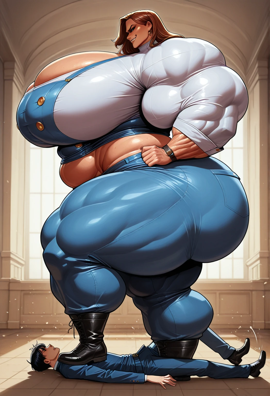 ((Dark skin)), dark skinned female, ((giantess)), ((strongfat)), ssbbw, obese, ((strong arms)), white hair, blue eyes, ((tall)), (gentle smile), (wrestling gear), gigantic, sweaty, subtle blush, (bare arms), ((biceps)), leotard, fingerless gloves, wrestling ring background, clear face, large eyes, ((butt towards viewer)), ((butt)), ((inflated booty)), back turned towards viewer, ((gigantic butt))