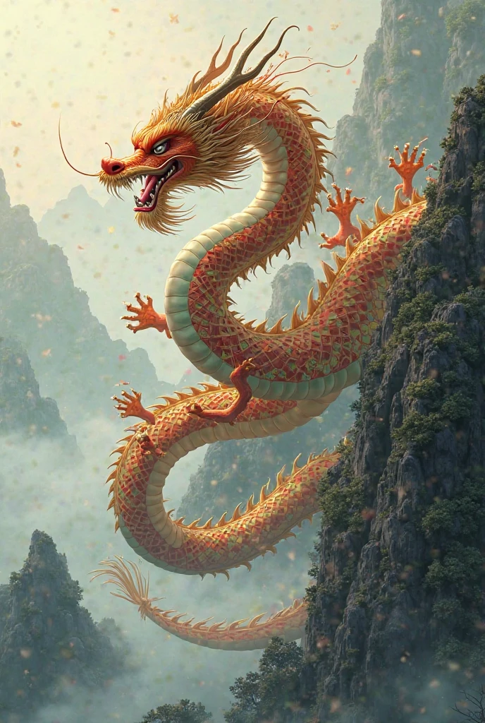 Chinese style golden dragon,Dragon and Dragon Chain,golden chain,A group of flying dragons,background chinese style,Mountains and rivers,dragon huge,background flag waving,The flag writes the letters NT