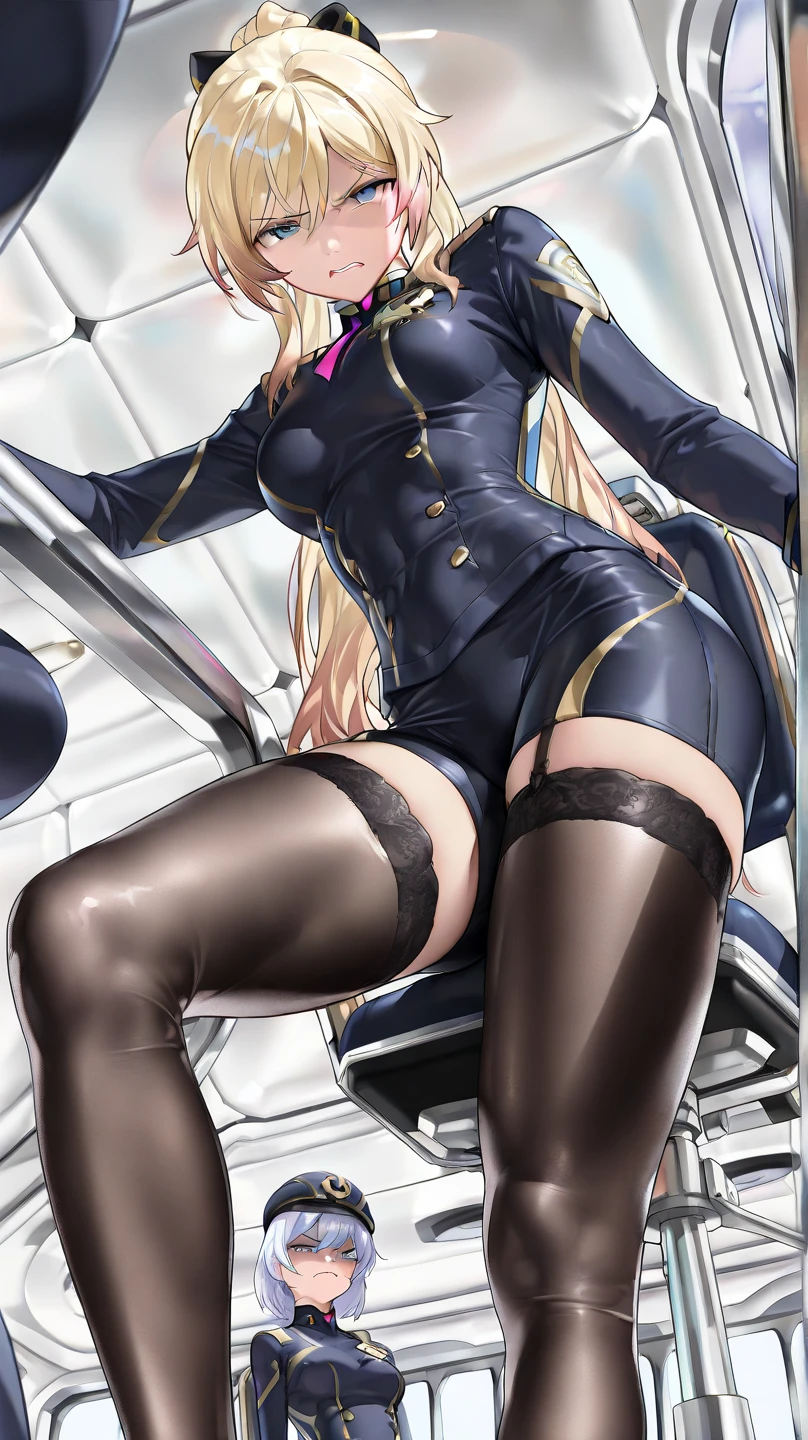 She masturbates in the cockpit of the Gundam, touching her vagina so no one can see.、The cockpit was dark with no outside light, and the only light source was the lights from the instruments.、Earth Federation uniform partially removed、Small breasts, slim model figure、Half Japan and half Caucasian、Blonde Short Hair、Sexy pose showing off her hips and butt、A sexually aroused, embarrassed and troubled expression、Looking away、((A man with his pants off straddles the girl and his penis is in her vagina))、Her clothes are open and her nipples are visible、I'm not wearing a bra、(A man is rubbing her nipples)、(Show me your nipples)、Panties falling off、Smaller breasts、