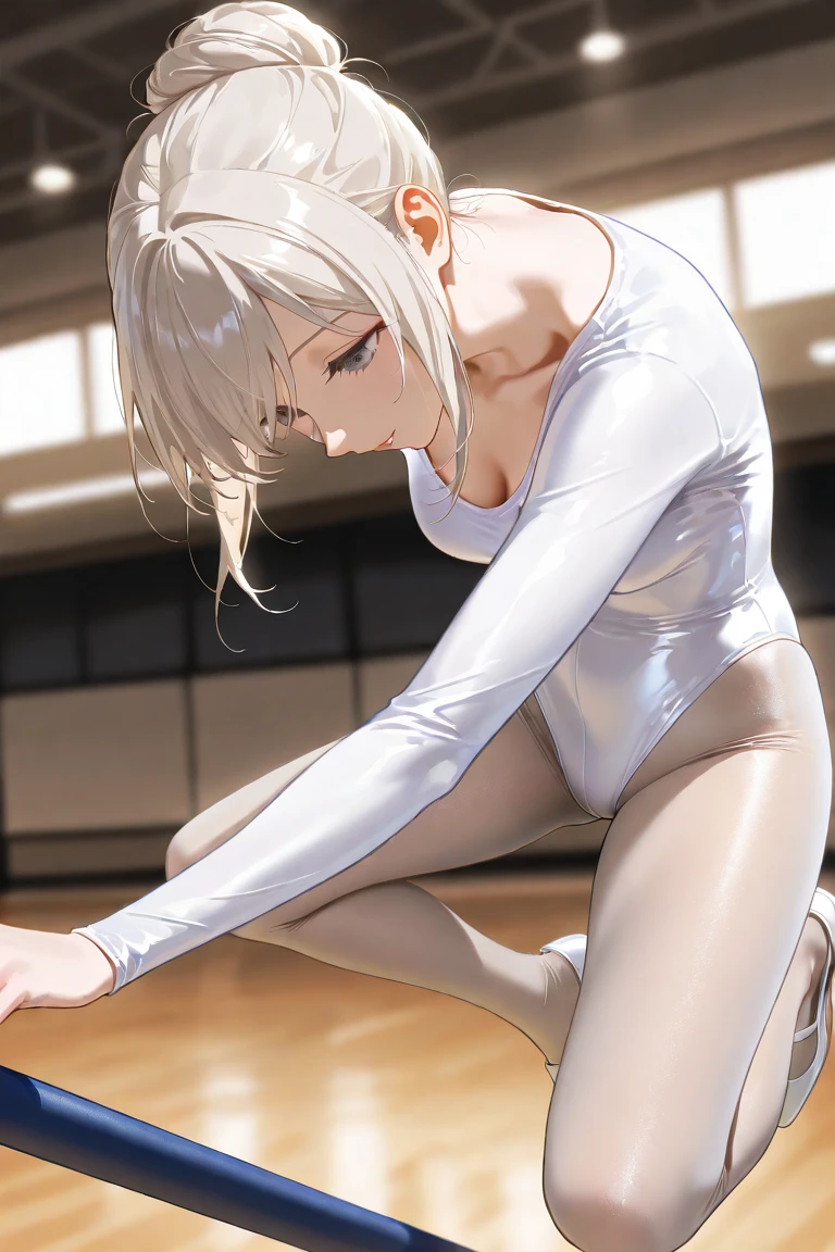 A young woman, 21-years-old, solo, Caucasian, light brown hair, blonde hair, gradient hair, multicolored hair, hair styled in a bun, two-tone hair, no bangs, green eyes, black leotard, white tights, standing_split, dance studio, calm facial expression, serene, relaxed, peaceful, soft gaze