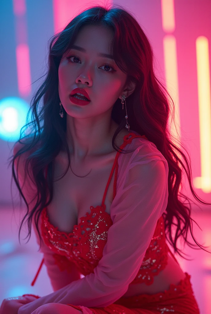 Ace, 4K, High Resolution, Masterpiece, Top Quality, Head: 1.3, (Korean K-pop Idol), Fine Skin, Sharp Focus, (Cinema Lighting), Clavicle, Morning, Soft Light, Dynamic Angle, [: (Detailed Face: 1.2): 0.2], Side Wrinkles, Thigh Gaps, Red Dress, Slim, Chest, Cleavage, Full Body,
