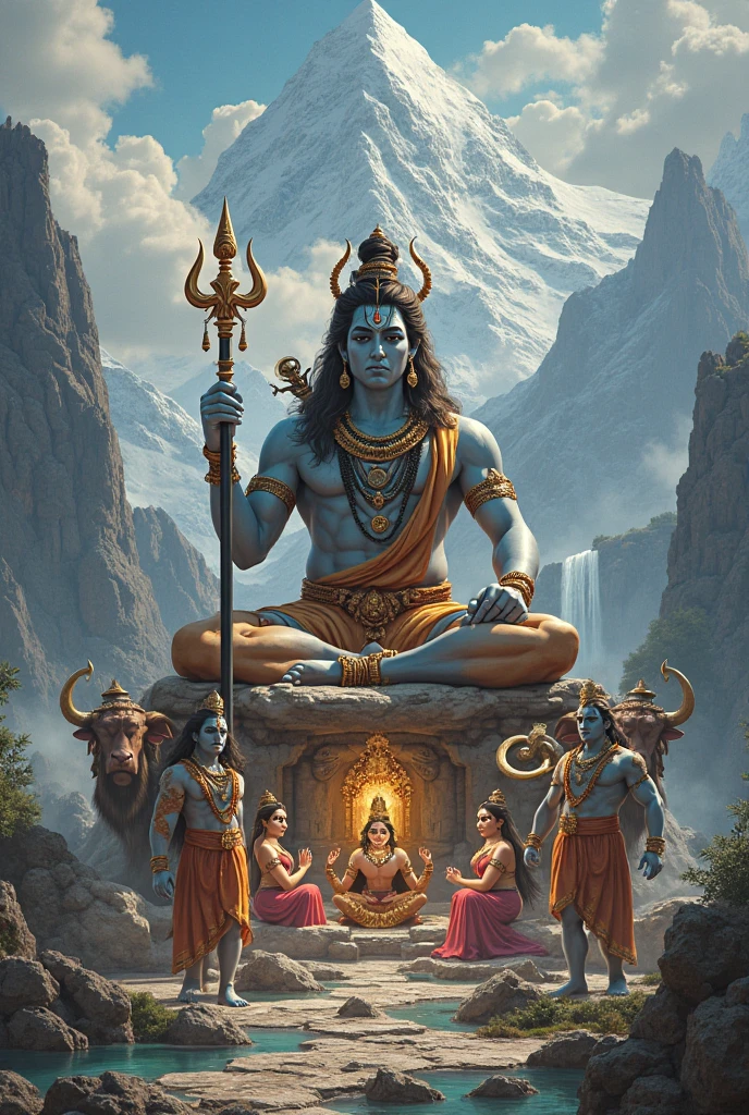 Lord Shiva sitting on kailash mountain open third eye fire comes out holding trishul, the fiercest form of Lord Shiva and goddess Parvati toge, Hyper-realistic, intricate details, Cinematic Lighting, DC Poster like Feel