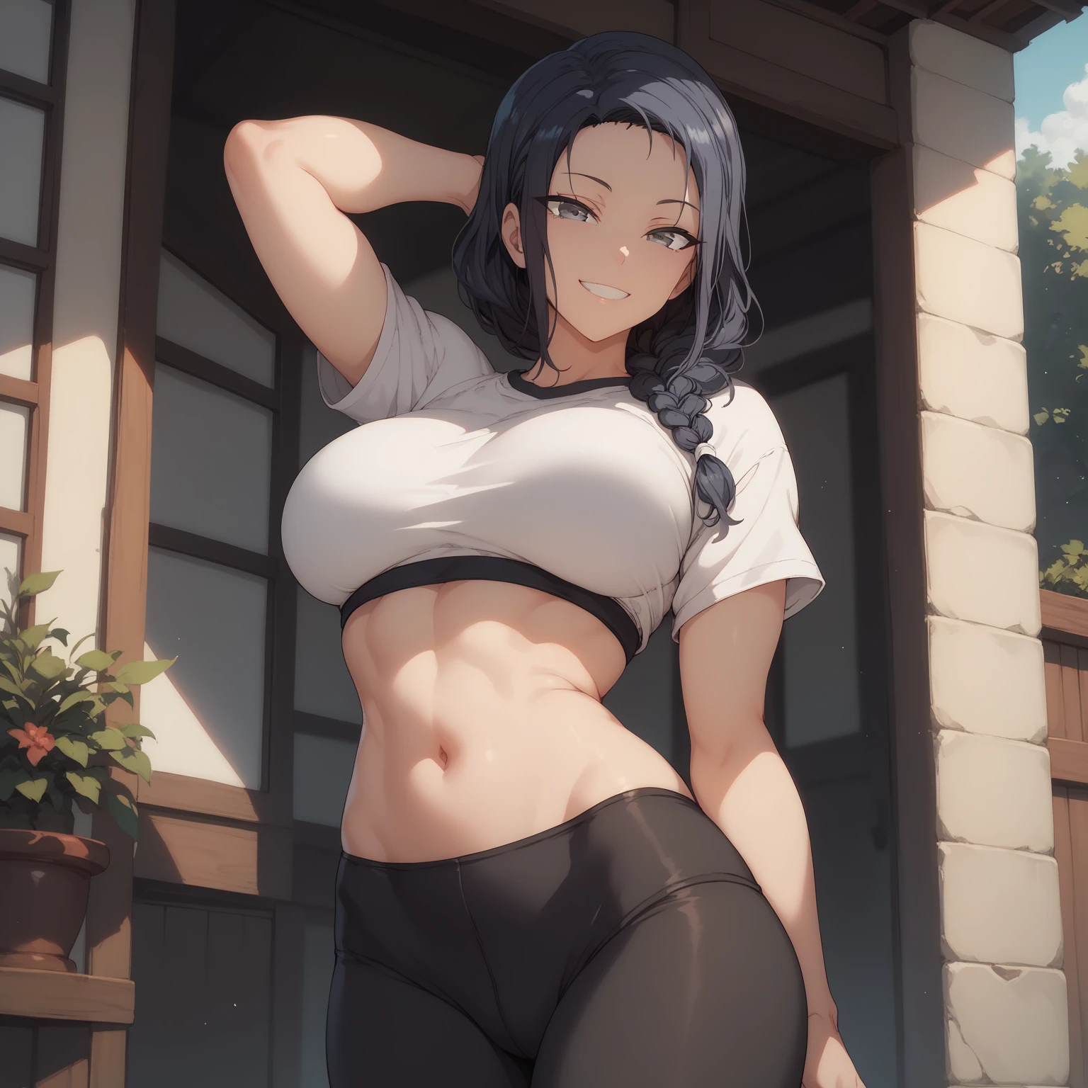 (masterpiece), best quality, highly detailed faces, (SHARP details), 4k, highly detailed, expressive eyes, SHARP detail expressive eyes, (SHARP detail perfect face), ((dark skin)), (bunny ears), (viera), ((black hair)), (choker) amber eyes, long hair, ponytail, wild tomboy hair, (mature woman), (big breasts), smiling, standing, (wearing tight white tank top), 20 years old, ((wearing tight cycling shorts)), ((solo)), nice hips, curvy, (((view from front))), , tall woman, outdoors, road, (cameltoe), midriff, big ass, crotch, ((sweat)), (jogging), running,