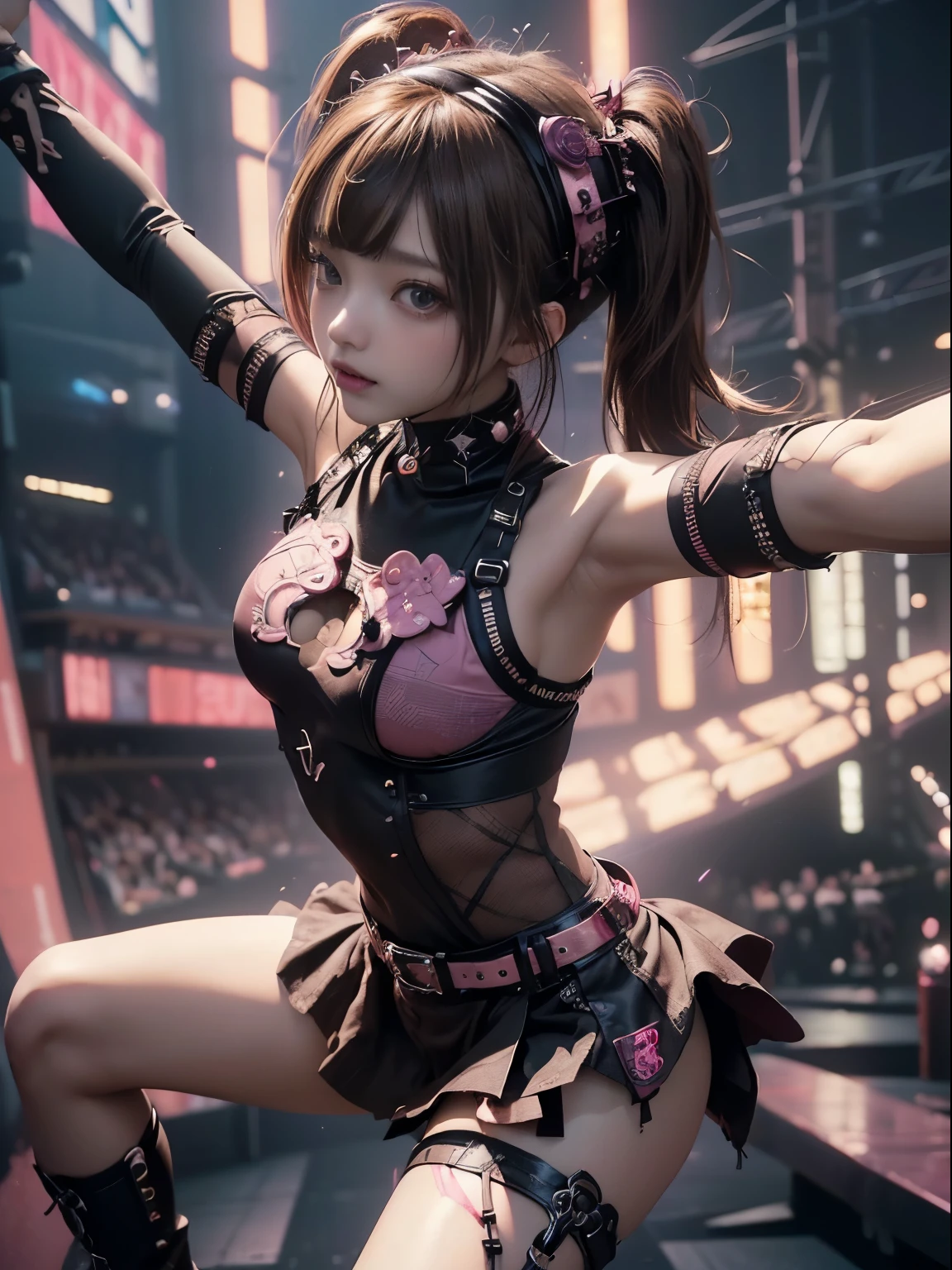 Best image quality、High resolution、Delicate face、Beautiful woman with perfect style、Squint your eyes、Cheerleading Girl、Cheerleading Girls Skirt、Big breasts and small waist、Thin legs,black,hold it in your hand,Jump,(Delicate and beautiful eyes),((Huge breasts)),The original skin is visible through the grooves