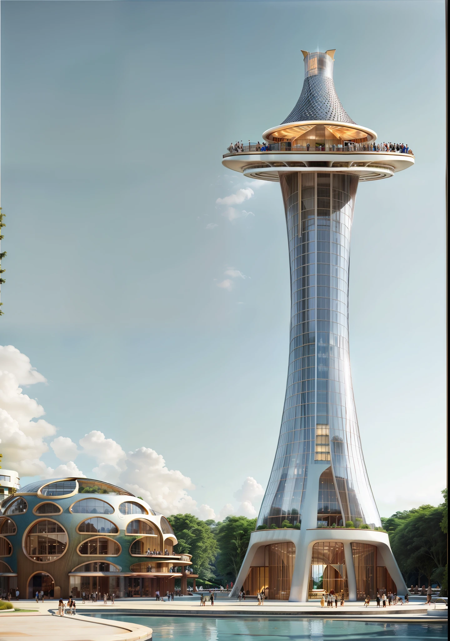 Rustic very tall circular Tower design , circular saucer-like restaurant floor on top, . walkways, lawn, blue sky . By syd mead, small fountain, people,