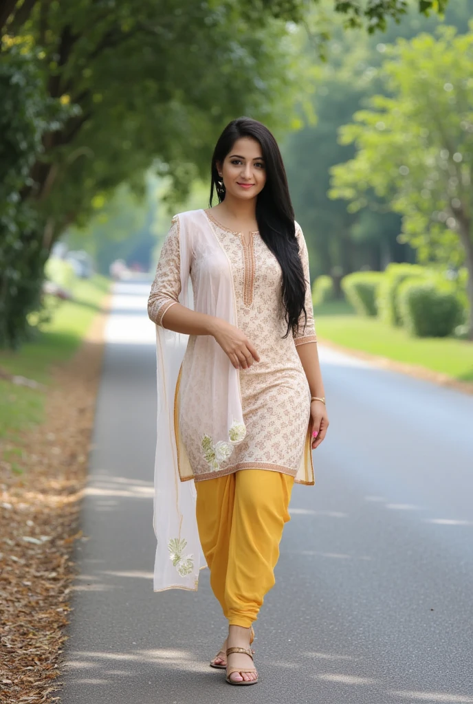 Middle aged Indian woman, full curvy body, Portrait, walking, ([ white printed kurti]) ([ very tight  white viscose high ankle 3/4th length legging]),([orange scarf around her neck]), ([walking confidently in pink flip flops]), showing her curves, big boobs, seductive face, full body realistic photo,Detailed eye,high resolution Masterpiece