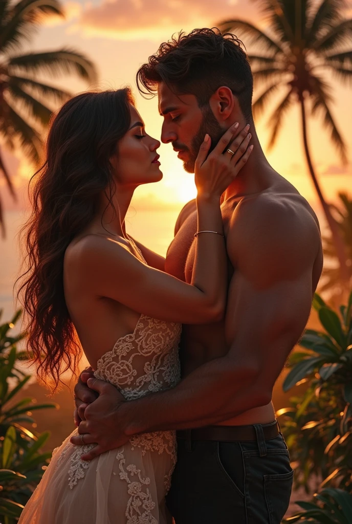A sunset with a semi-naked couple in the center of the image