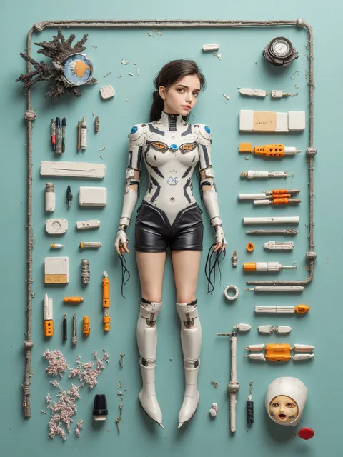 Demontagezeichnung eines mechanischen Mädchens