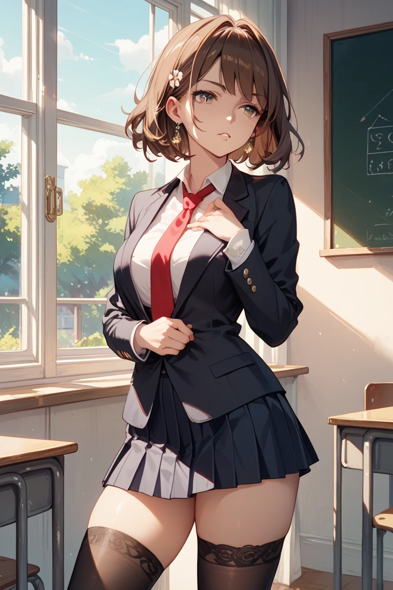 masutepiece、Ultra-high definition animation quality、8K、school classrooms、25-years old、femele、beautiful countenance、Big eyes、delicated face、brown haired、short-hair、straight haired、Red Short Blazer、Red and green pleated mini skirt、skirt rift、Red Long Boots、large full breasts、Big buttocks、Bend your knees and open your legs wide、Exposed、Perfect limbs、embarassed expression、Sexy figure