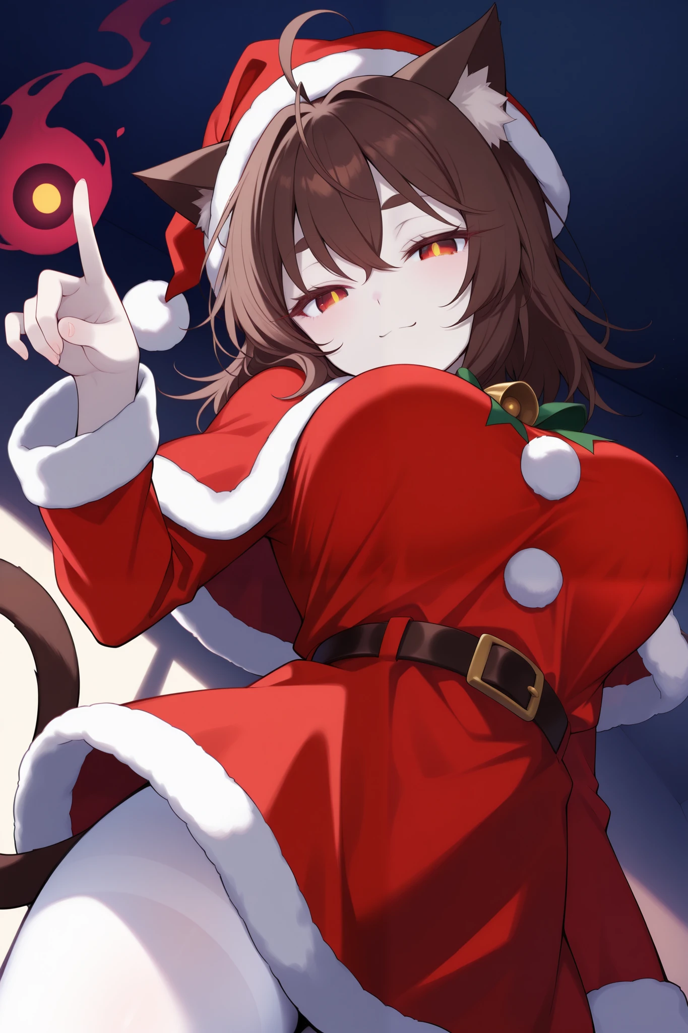 score_9, score_8_up, score_7_up, (dim, dark room, deep shadows), pale skin, looking at viewer, from below, dutch angle, (solo, 1girl, nekomata, red eyes, dark brown hair, medium hair, ahoge, cat ears, white fur inside cat ears), large breast, (Santa Claus costume, Santa hat, white tights), magic pose, ((two cat tails)), half closed eyes, cat eyes, eyelashes, lower eyelashes, (((gold pupils))), blash, smile