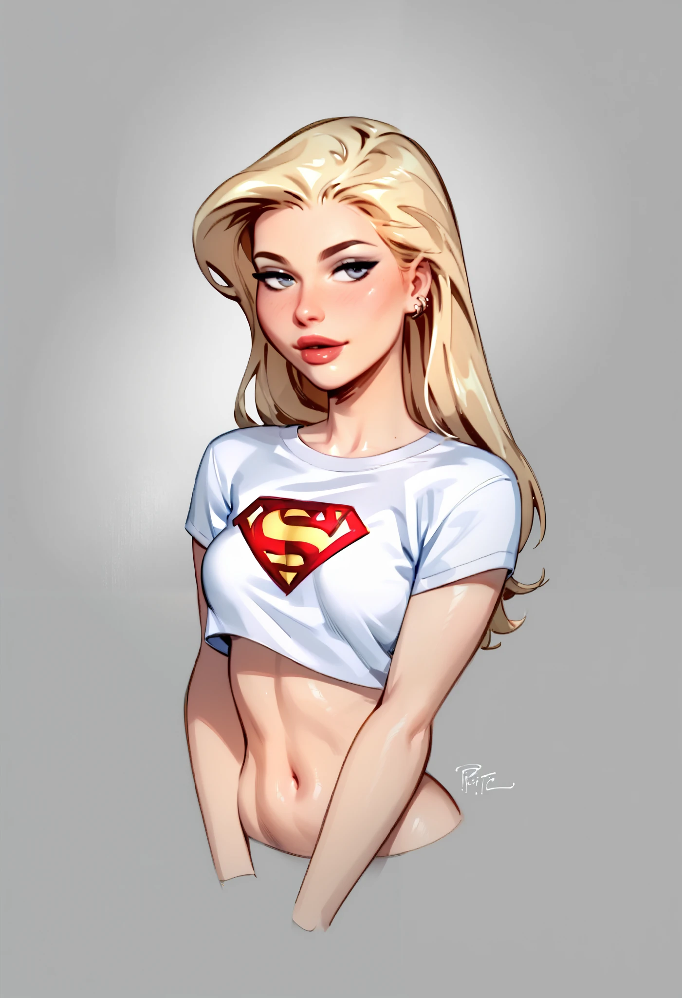 Beautiful nude brunette wearing only a cropped white supergirl t-shirt