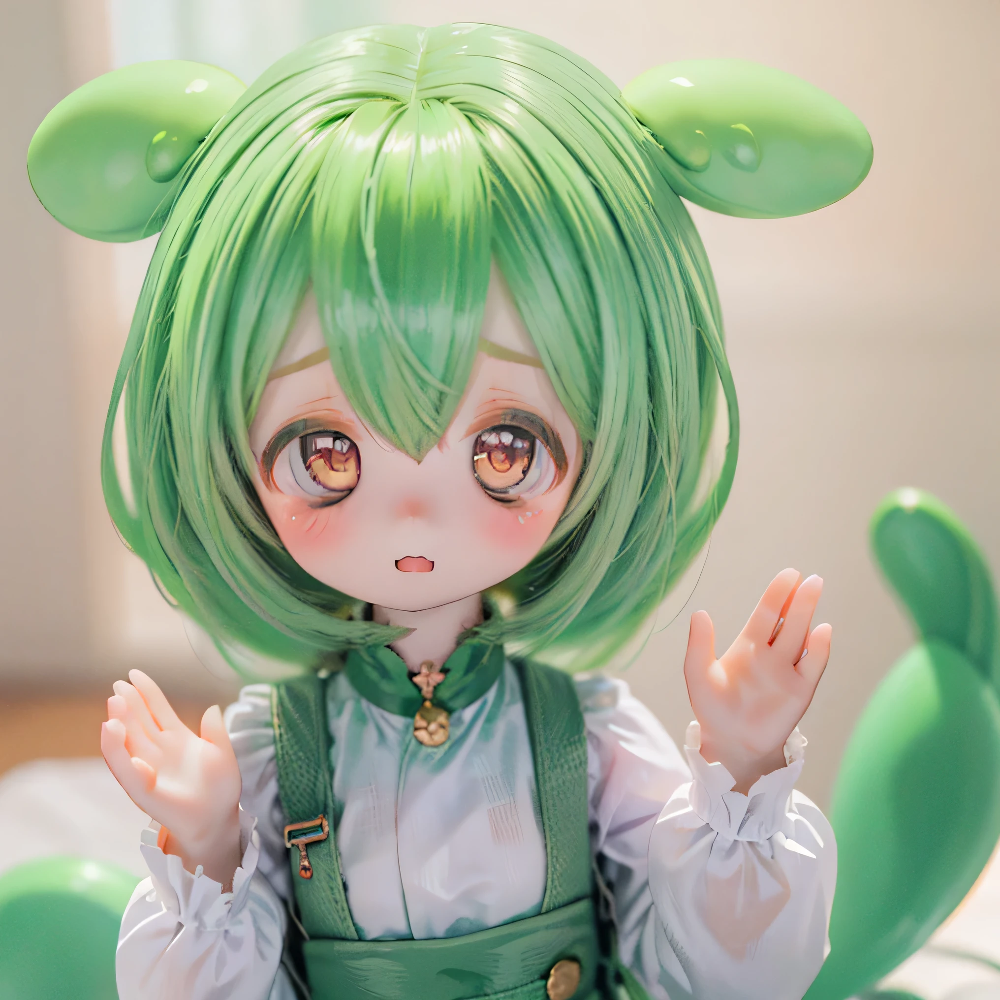 cute green-haired zundamon in playful pose, ( chibi), (((((( Mother )))))), Detailed Character Design , complicated details , surreal , PHOTOREALISTIC FRONT FACE , 8k, masterpiece , is high resolution, bright color, soft lighting , natural light, 、 warm palette , wonderful , magic, fantasy , cute , cuteデザイン , , Heartwarming、Dumb on the Head