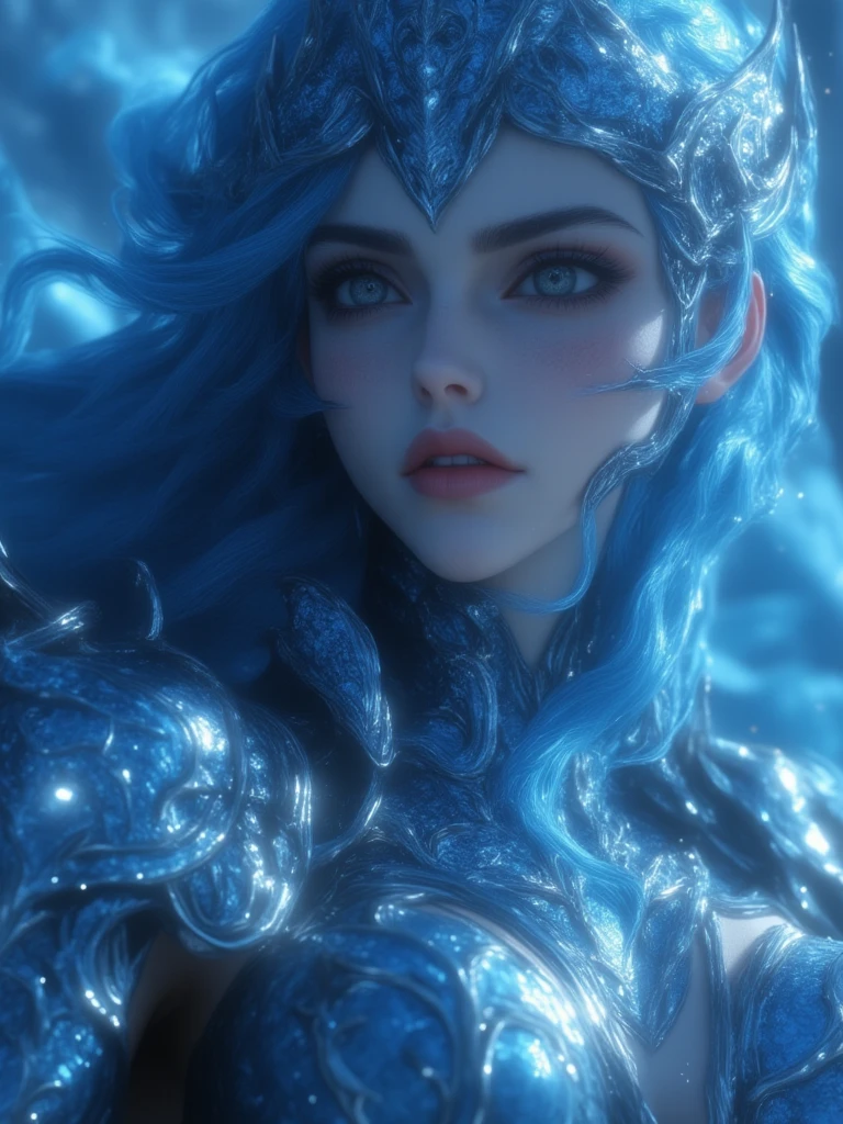 arafed woman with blue hair and a gold dress posing for a picture, alluring mesmer woman, closeup fantasy with water magic, very beautiful elven top model, a beautiful fantasy empress, beautiful and elegant female elf, inspired by Lan Ying, portrait of an elf queen, beautiful and elegant elf queen, beautiful fantasy maiden, unreal engine render + a goddess
