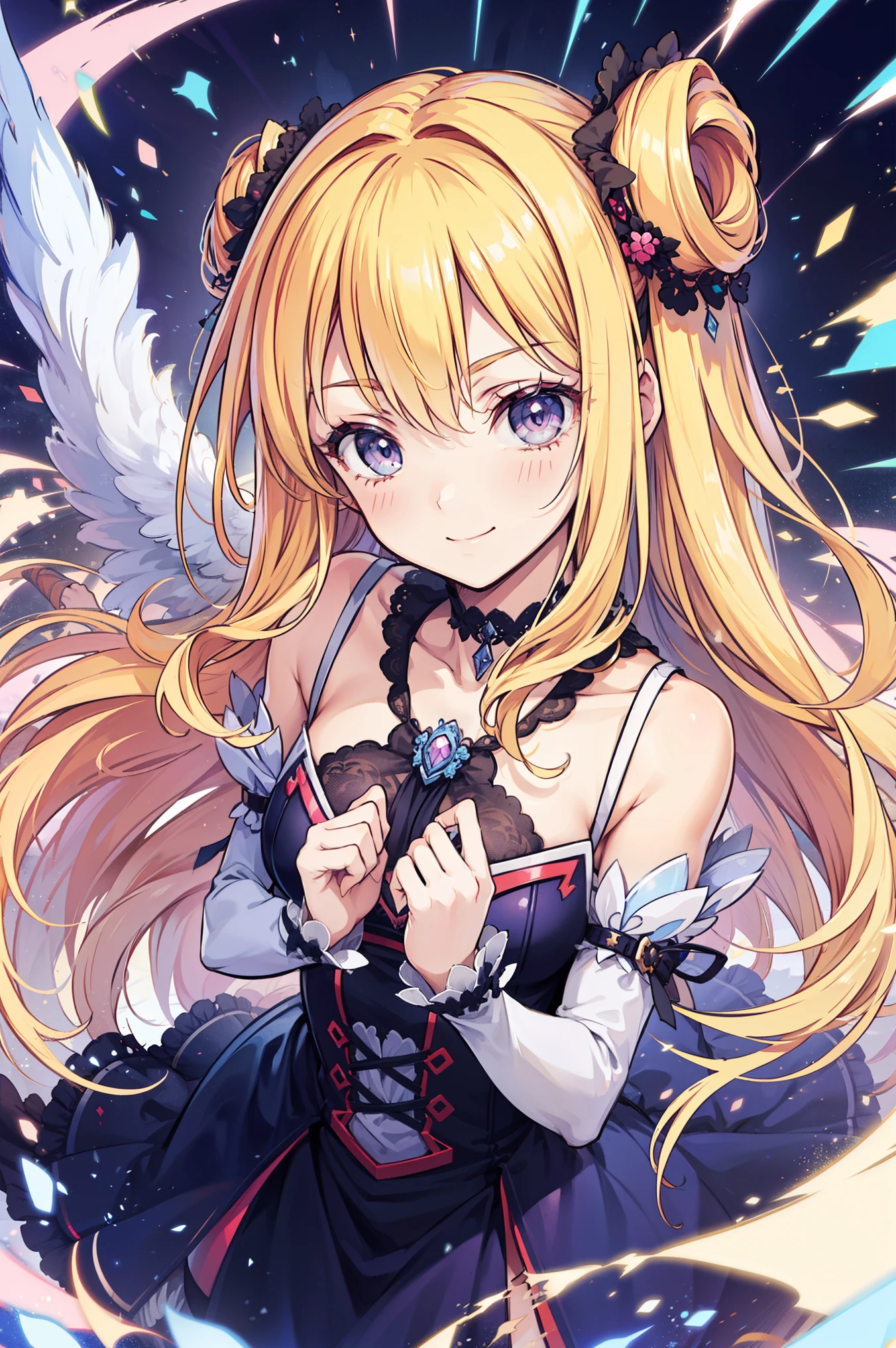 Cute magical girl , ( Double Bomb , Brant Bang, curly hair long hair blonde ), Smile, compensate, purple eyes, Small , Petite curvy body,dynamic perspective,mischievous posture, A dress blown by the wind,white gothic bear top dress , choker, hands raised above head ,, (Ultra-precise, Absolute determination, best quality:1.3), 2.5D, Delicate and dynamic , Art photos, super realistic , graphic CG digital cartoon style art
