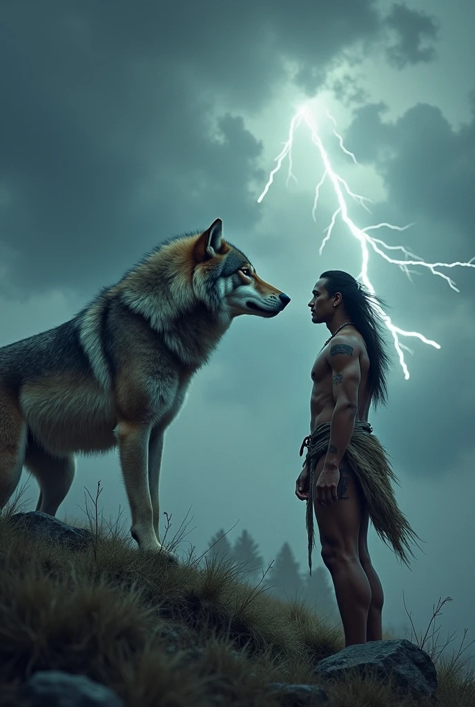 An indigenous man and a werewolf face to face, subrealistic