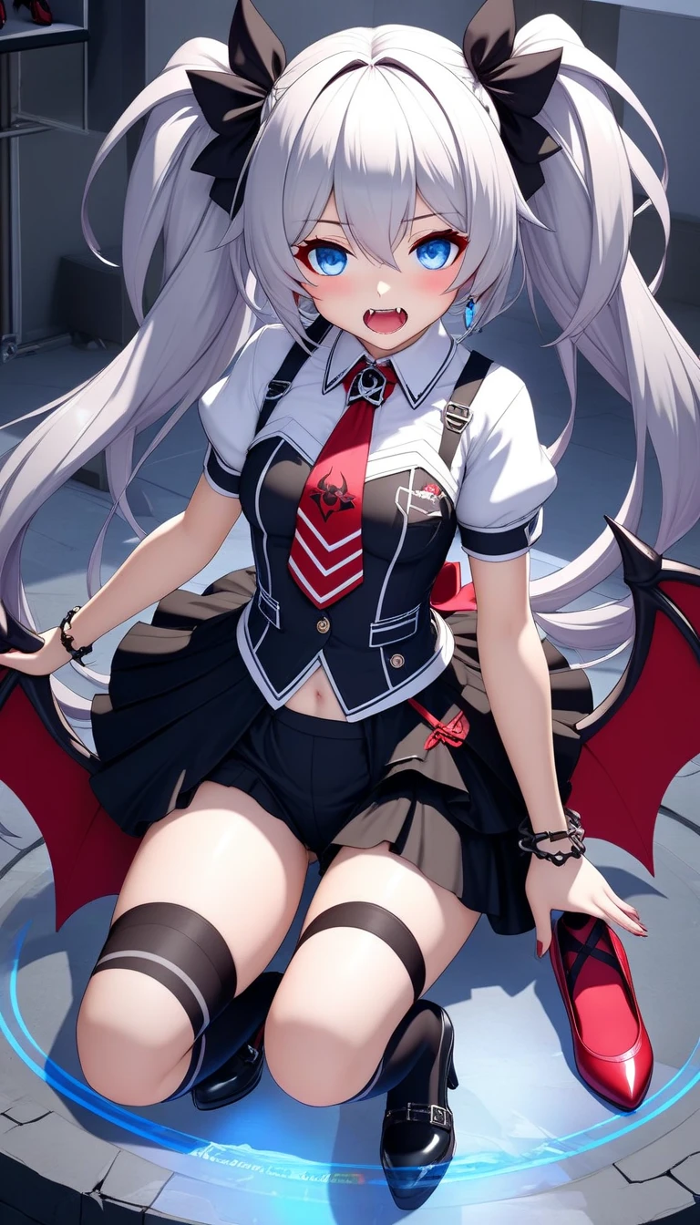 Zombie little girl，With vampire wings，With vampire teeth，Lie on the ground，Exposing the crotch，white and transparent，Raised sexy，On the street，lookingat，Spread the joy of leg presses，The clothes were tattered，There are bite marks on the body，Watch from behind，Put a stick in，look of anguish