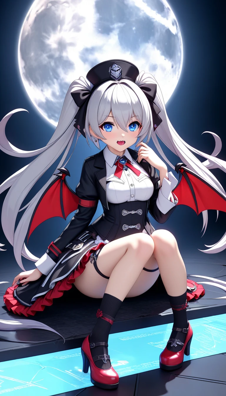 (score_9,score_8_up,score_7_up,score_6_up,score_5_up,score_4_up),1girl, :d, asymmetrical horns, bat wings, black skirt, black wings, contrapposto, demon girl, demon horns, demon tail, evil smile, fishnet thighhighs, fishnets, full body, hat, long hair, long tail, necktie, open mouth, pencil skirt, pointy ears, police hat, red shirt, sharp teeth, skirt, smile, tail, teeth, thighhighs, vampire, wings, full body